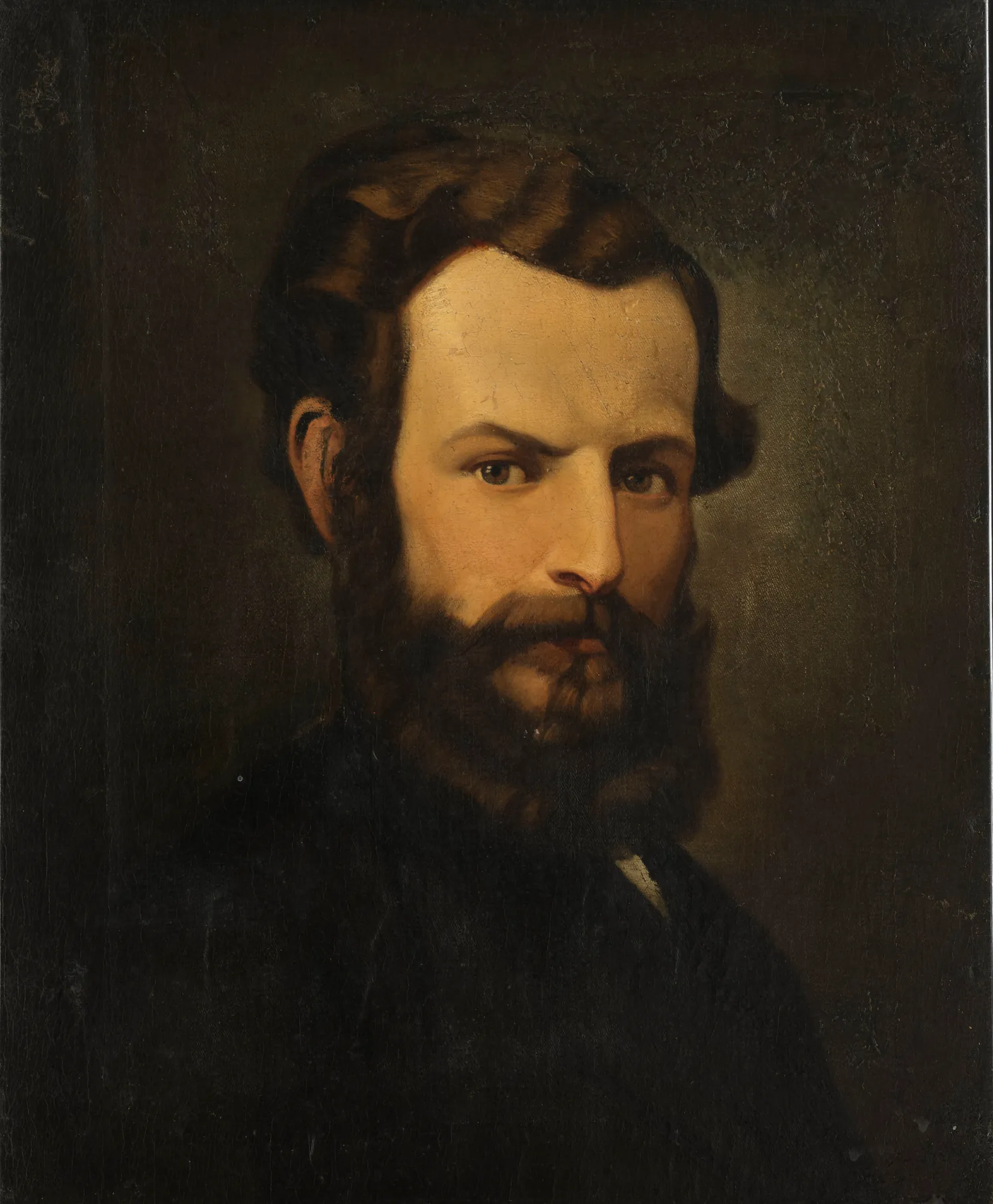 Portrait of Rafał Krajewski Portrait of Rafał Krajewski by Unknown Artist. A 19th-century oil portrait of a man with a prominent dark beard and wavy hair, set against a dark, atmospheric background.