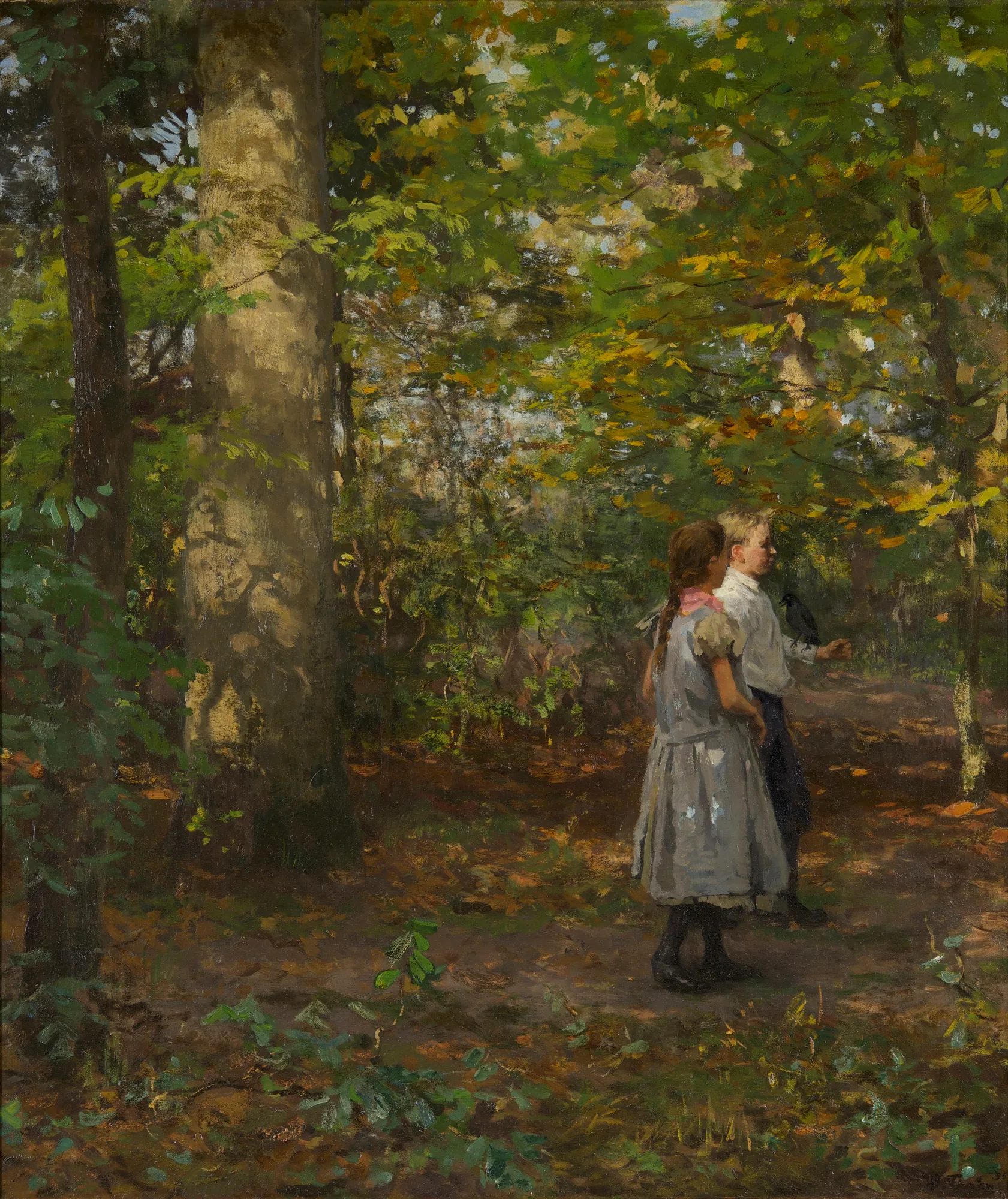 Two Children and a Crow in the Forest