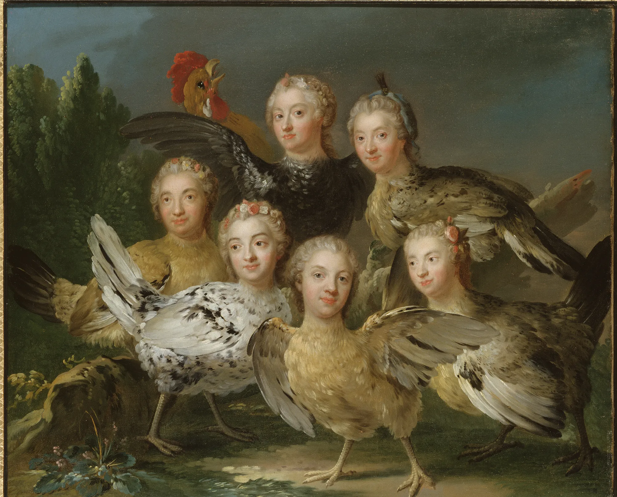 The Hen Picture The Hen Picture by Johan Pasch. A group of hens and a rooster are depicted with the realistic portrait heads of women in powdered wigs.