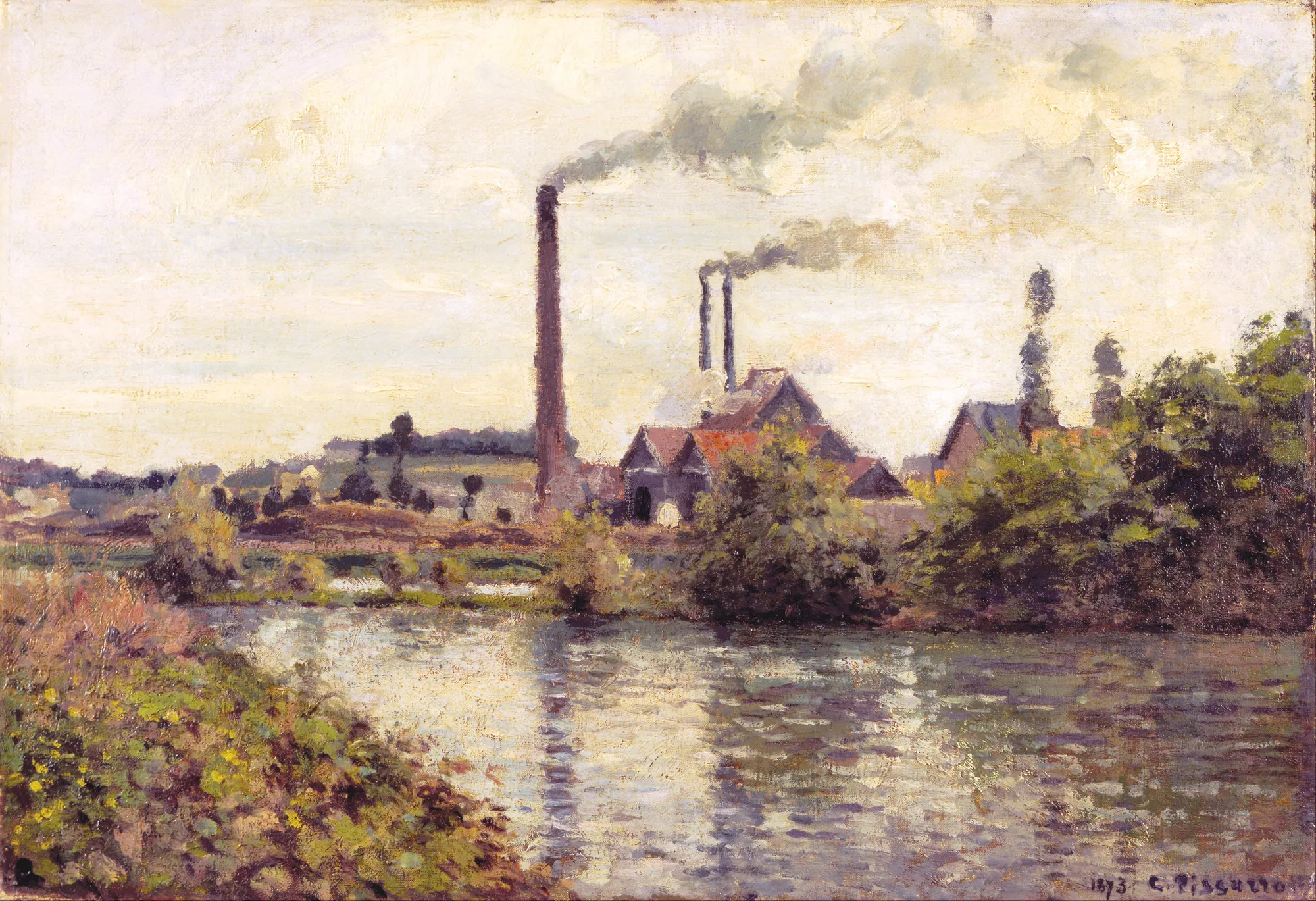 The Factory at Pontoise The Factory at Pontoise by Camille Pissarro. An industrial factory with smoking chimneys stands along a riverbank under a pale, cloudy sky.