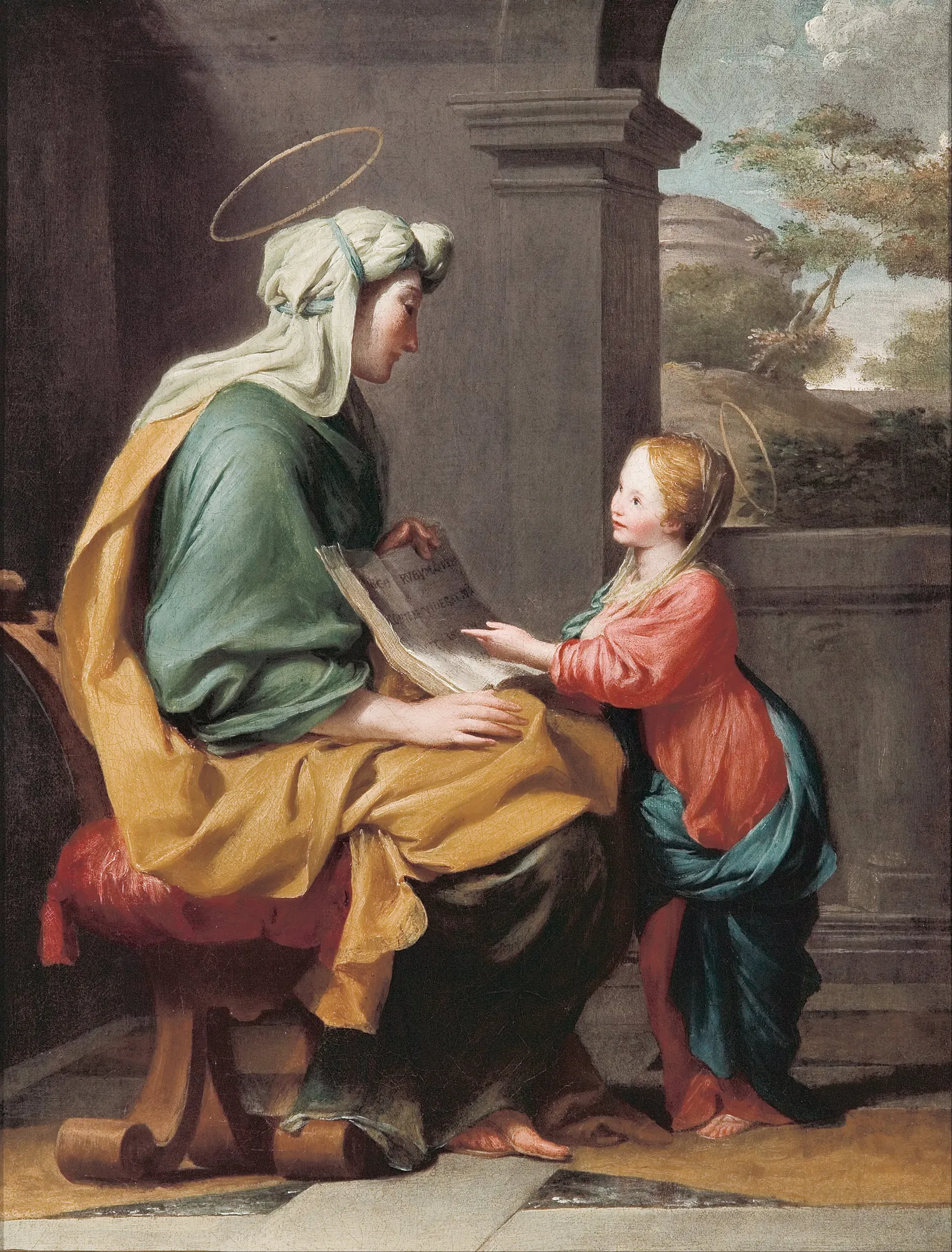 Education of the Virgin Education of the Virgin by Giovanni Francesco Romanelli. Saint Anne sits with an open book, instructing the young Virgin Mary in a classical architectural setting with a glimpse of a landscape.