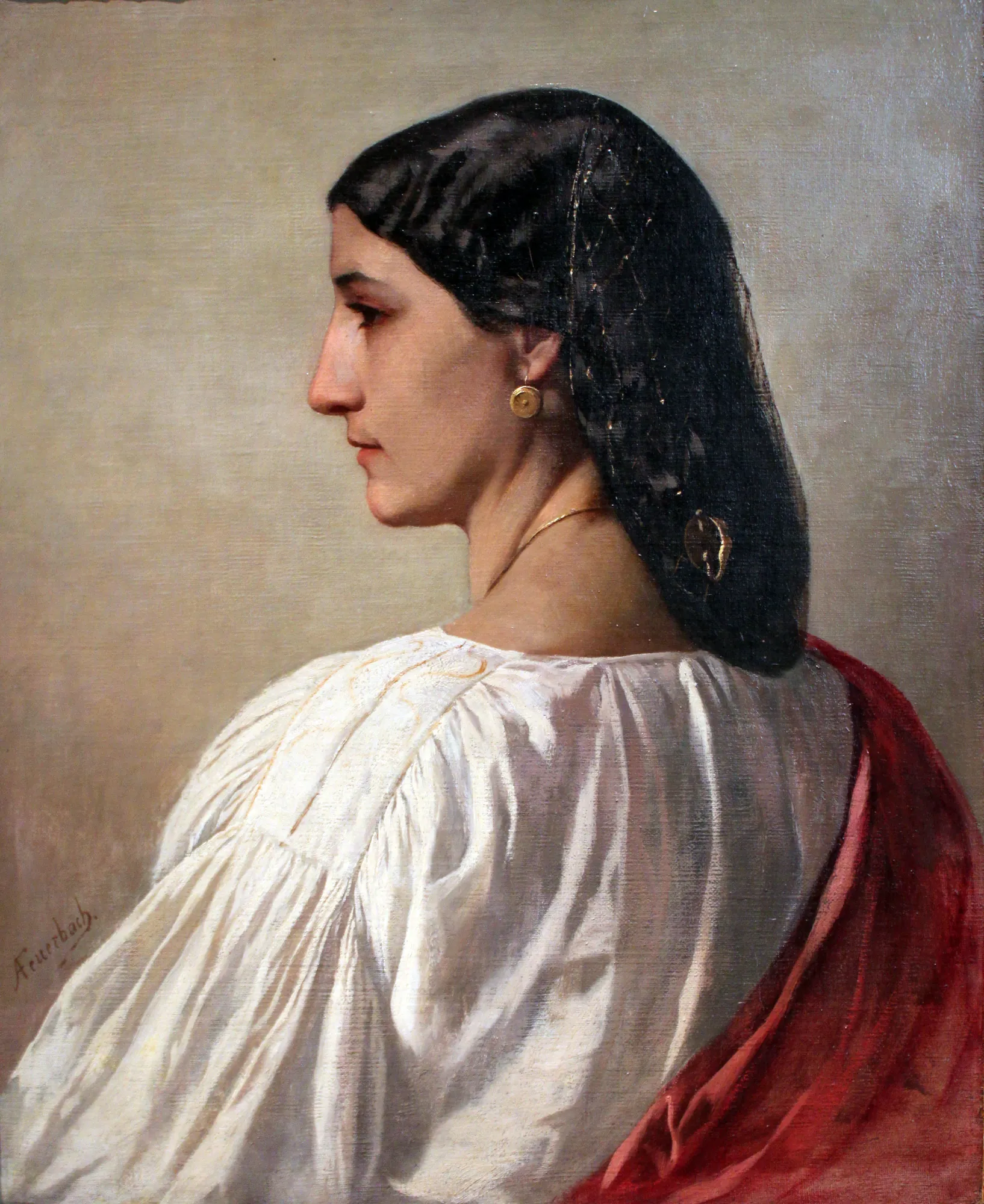 Nanna Nanna by Anselm Feuerbach. A profile portrait of a woman with dark hair and a gold earring, wearing a white pleated blouse and a red garment.