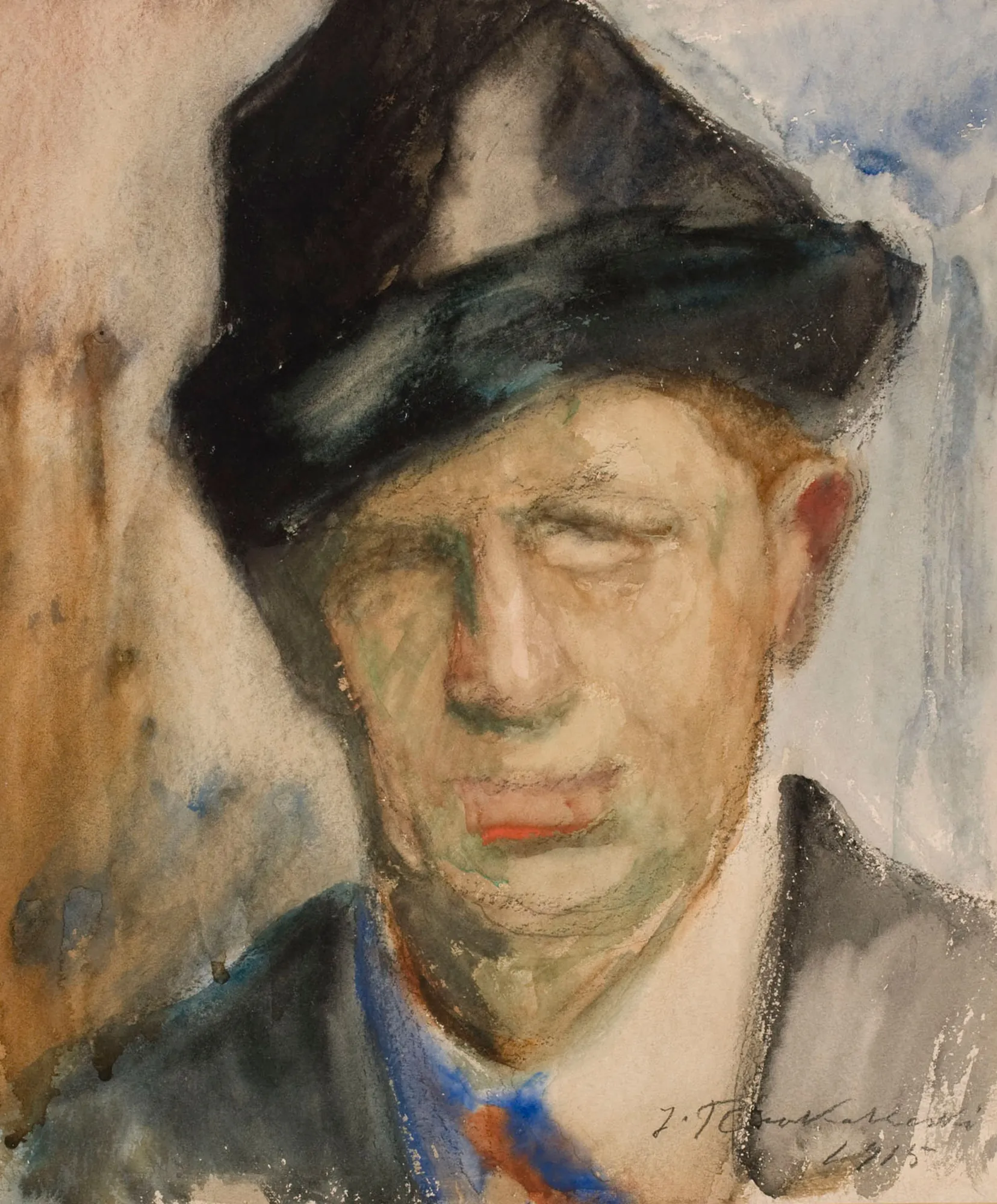Self-Portrait Self-Portrait by Jalmari Ruokokoski. A loose, expressionistic watercolor portrait of a man wearing a dark wide-brimmed hat and a formal suit.