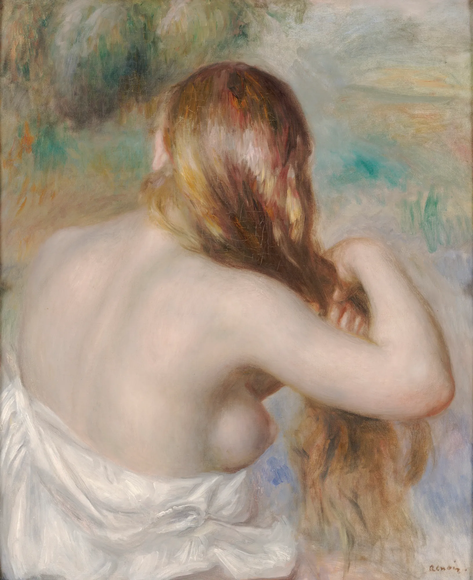 Blonde Braiding Her Hair Blonde Braiding Her Hair by Pierre-Auguste Renoir. An Impressionist oil painting of a blonde woman seen from behind as she braids her long hair, with her shoulder and back partially exposed.