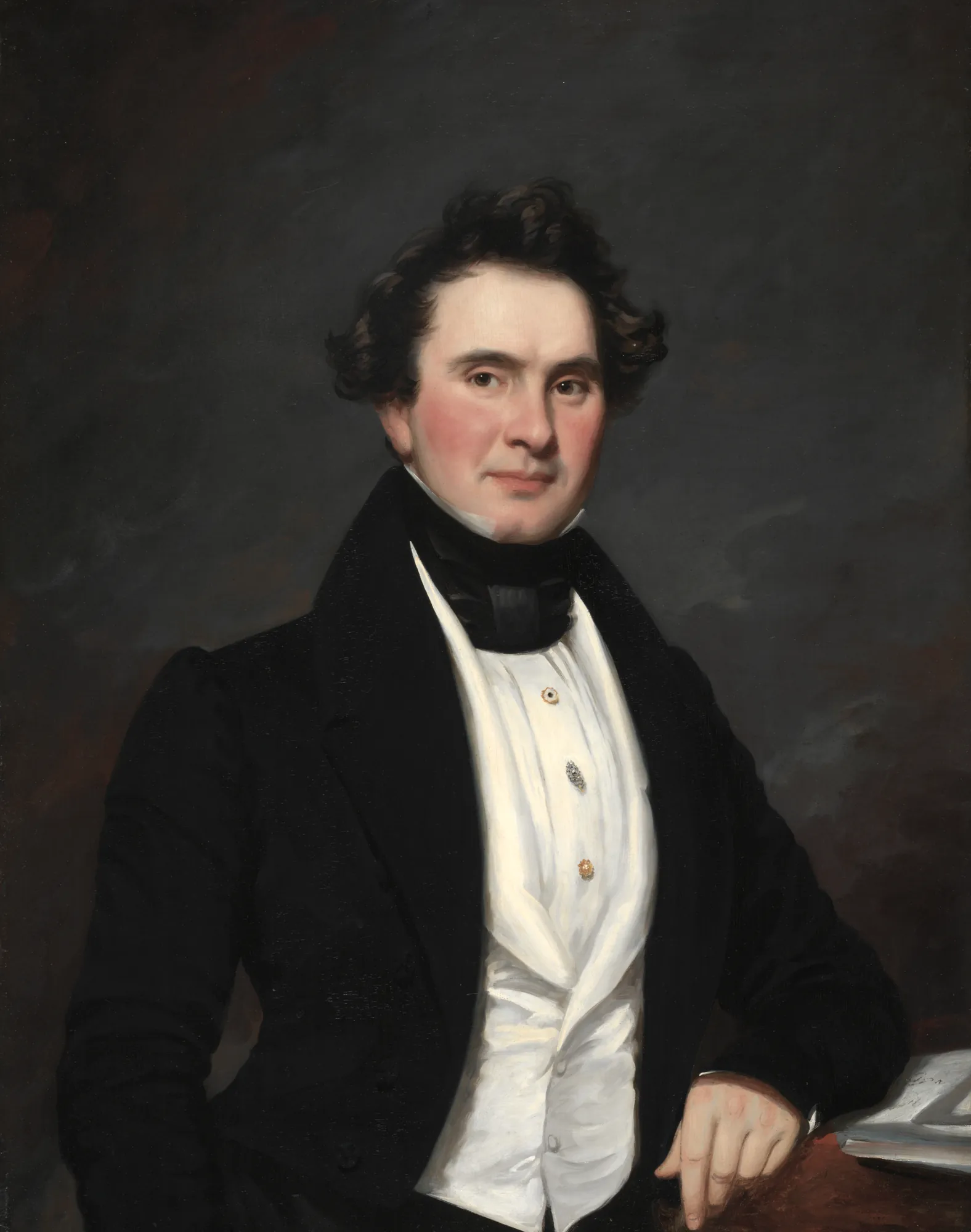 Portrait of a Man Portrait of a Man by Samuel Lovett Waldo, William Jewett. A three-quarter length portrait of a man in a black coat and white vest against a dark, atmospheric background.