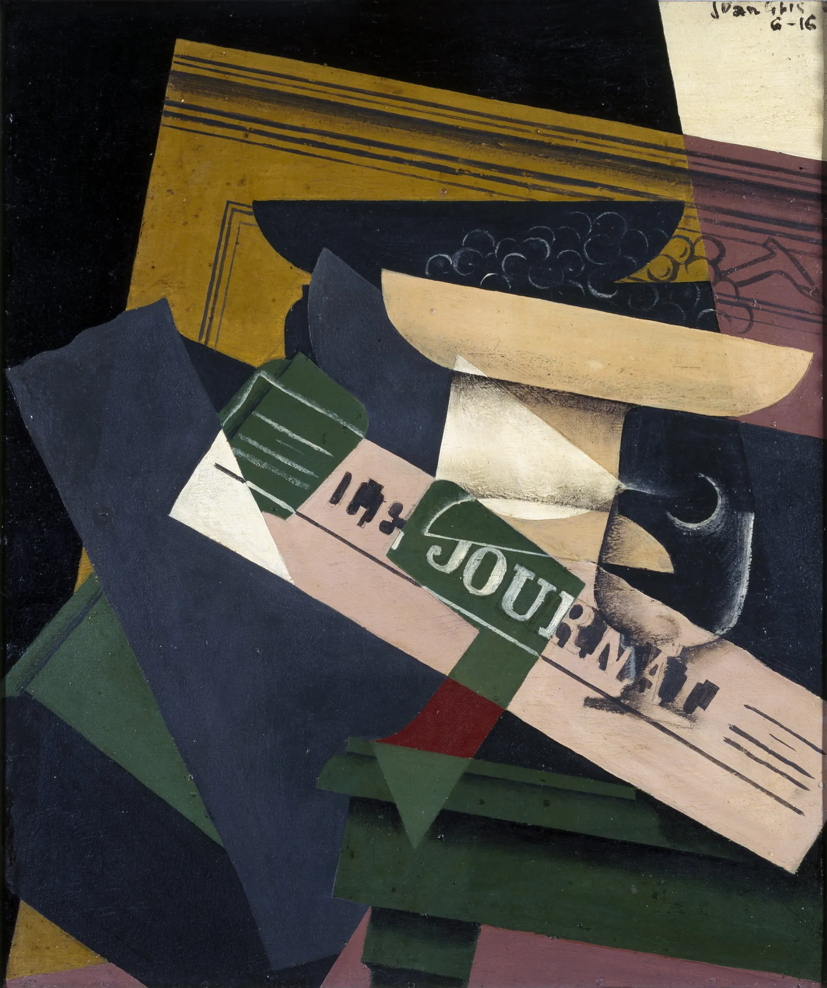 Grapes (Les raisins) Grapes (Les raisins) by Juan Gris. A Synthetic Cubist still life featuring a bowl of grapes, a newspaper fragment titled 'LE JOURNAL', and various overlapping geometric planes in earthy and dark tones.