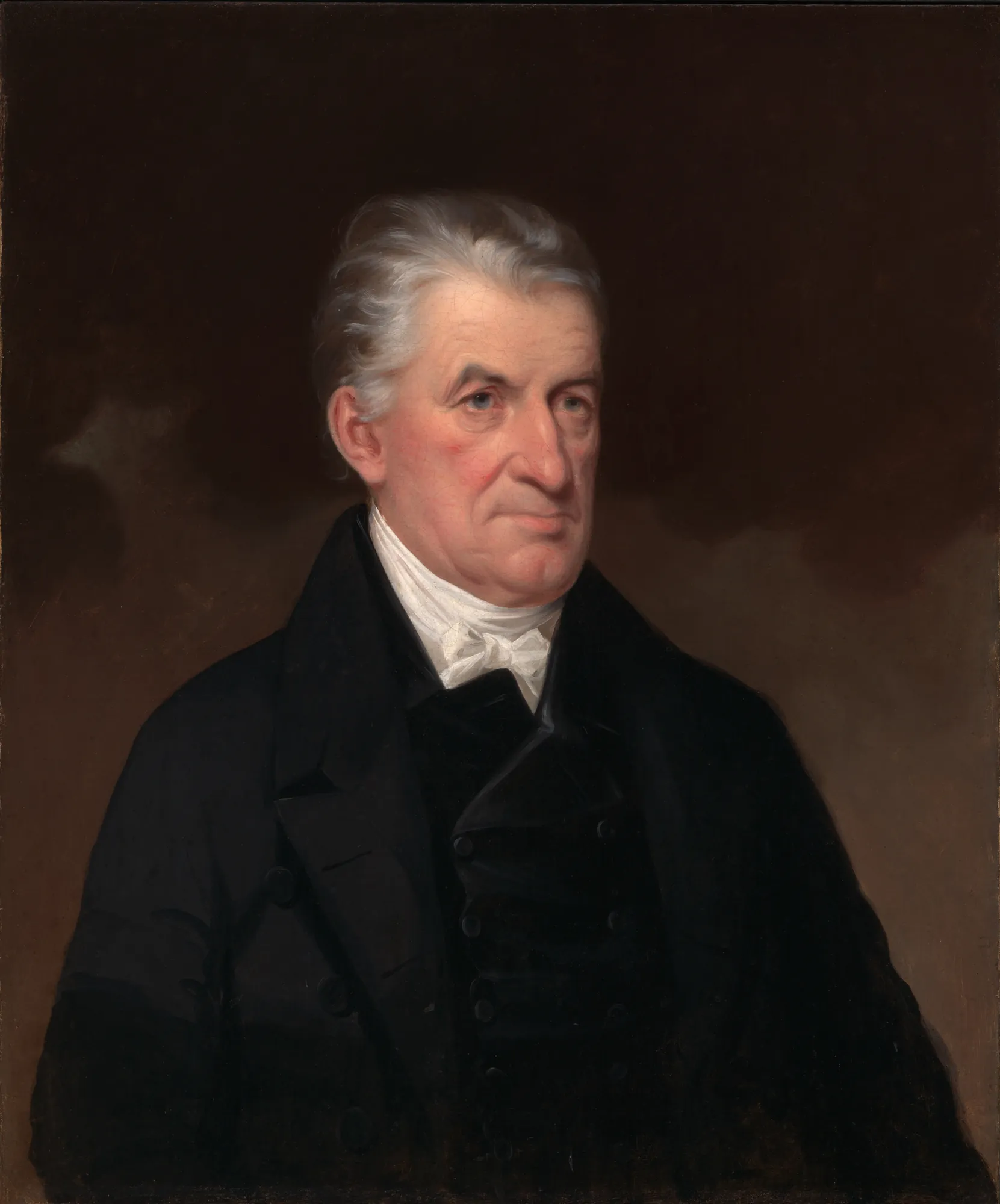 Lyman Beecher Lyman Beecher by James Henry Beard. A waist-up portrait of an elderly man with swept-back white hair, wearing a dark double-breasted coat and a white cravat against a dark, atmospheric background.