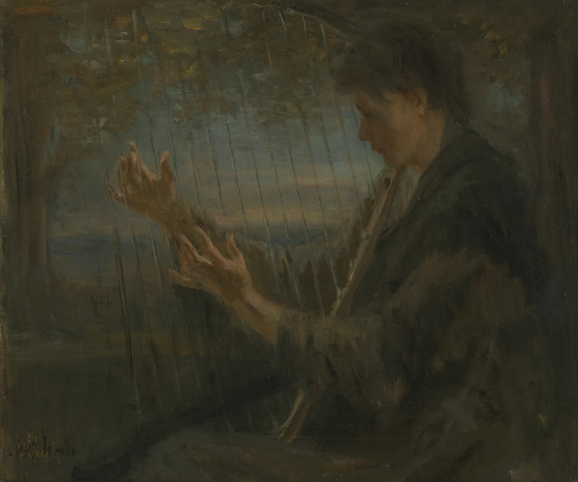 The Harp The Harp by Jozef Israëls. A woman in profile is shown in a dark room, her hands and face softly lit as she plays a large harp.