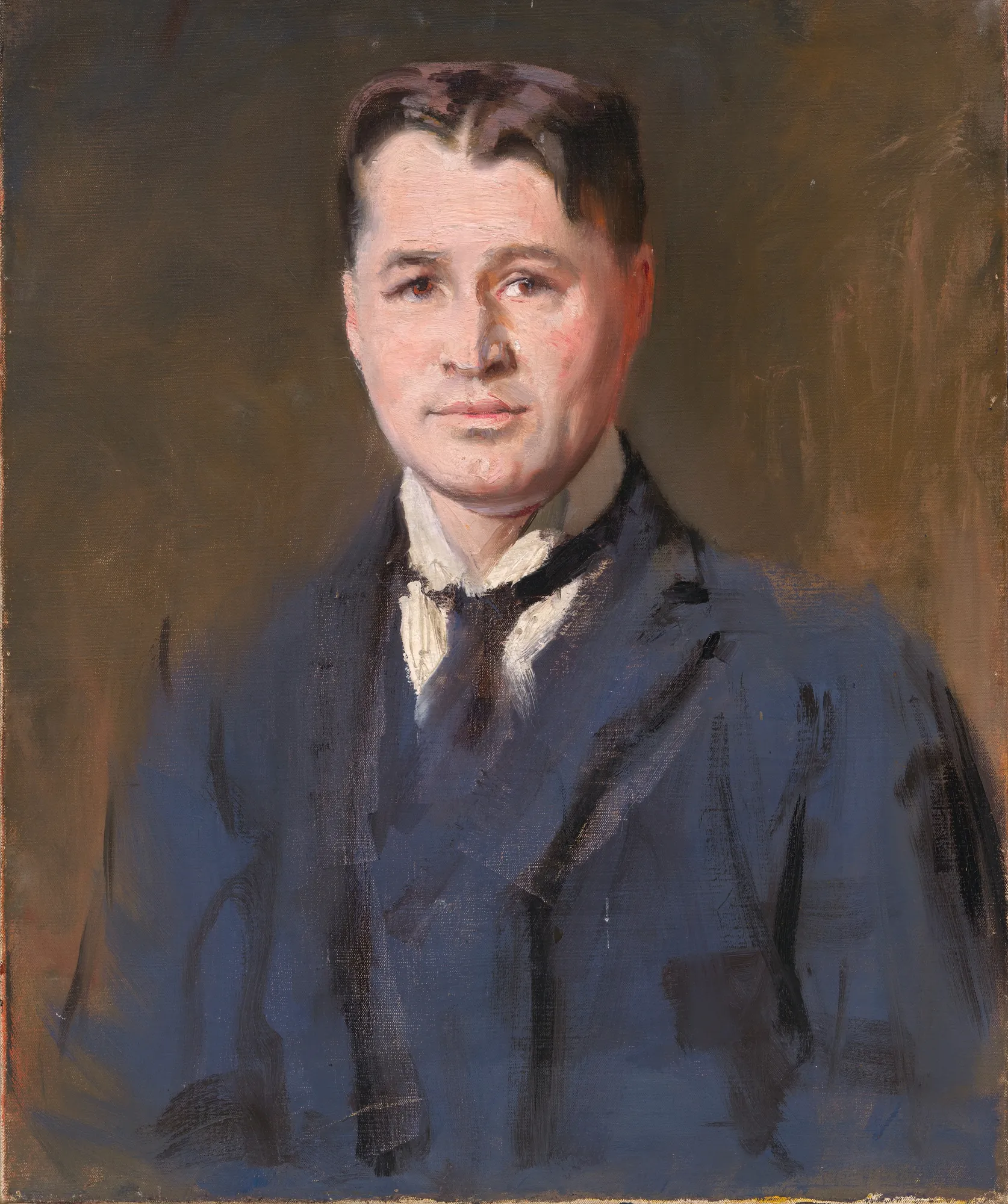 John Jay Chapman John Jay Chapman by Alfred Quinton Collins. A painterly oil portrait of a man with dark hair, wearing a high collar and dark coat against a muted brown background.