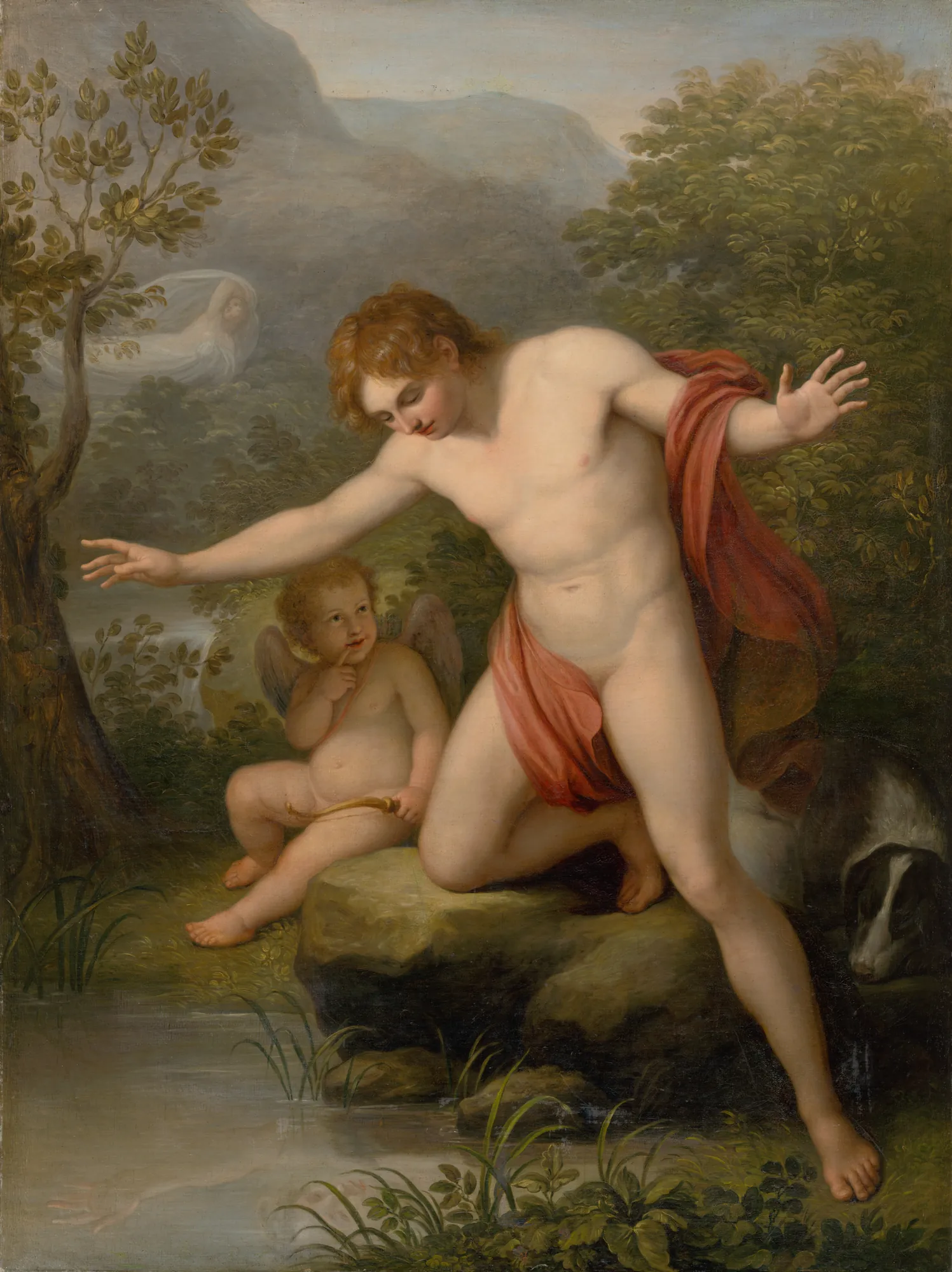 Narcissus at the Spring Narcissus at the Spring by Vinzenz Fischer. A young man gazes at his reflection in a pool of water while a small winged Cupid and a dog watch from the bank.
