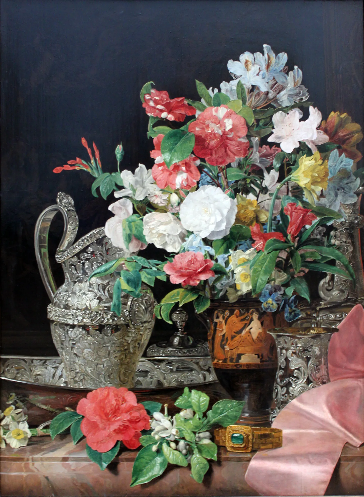 Bouquet with Silver Vessels and an Antique Vase
