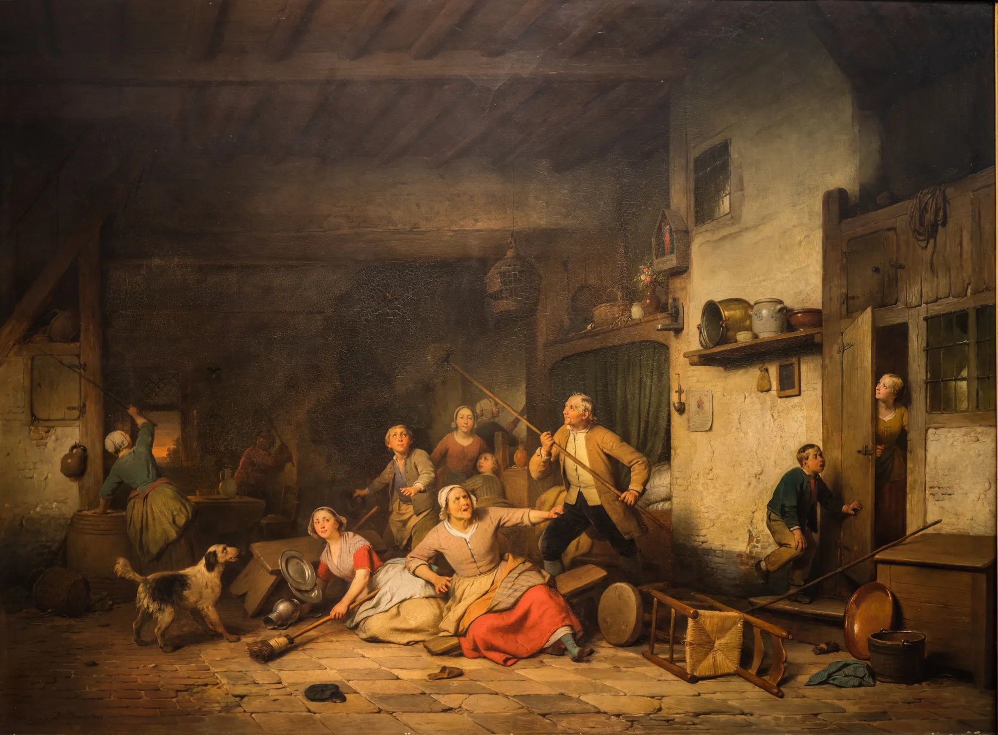 The Bat The Bat by Ferdinand de Braekeleer the Elder. A chaotic interior scene where a group of peasants and a dog react with dramatic gestures to a bat flying inside a rustic room.