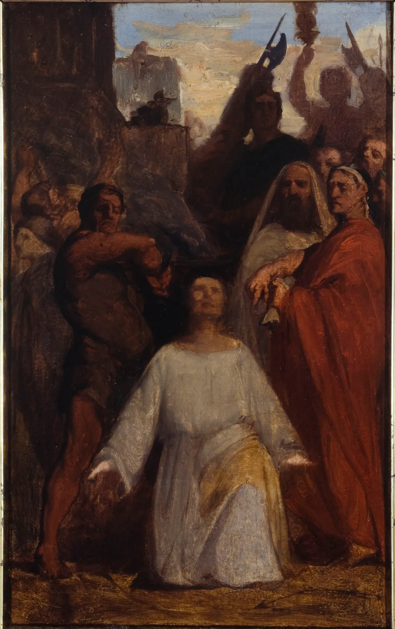 The Martyrdom of Saint Christopher The Martyrdom of Saint Christopher by Jean-François Brémond. A central figure in a luminous white robe kneels in prayer, surrounded by a crowd of onlookers and soldiers in a dark, atmospheric setting.
