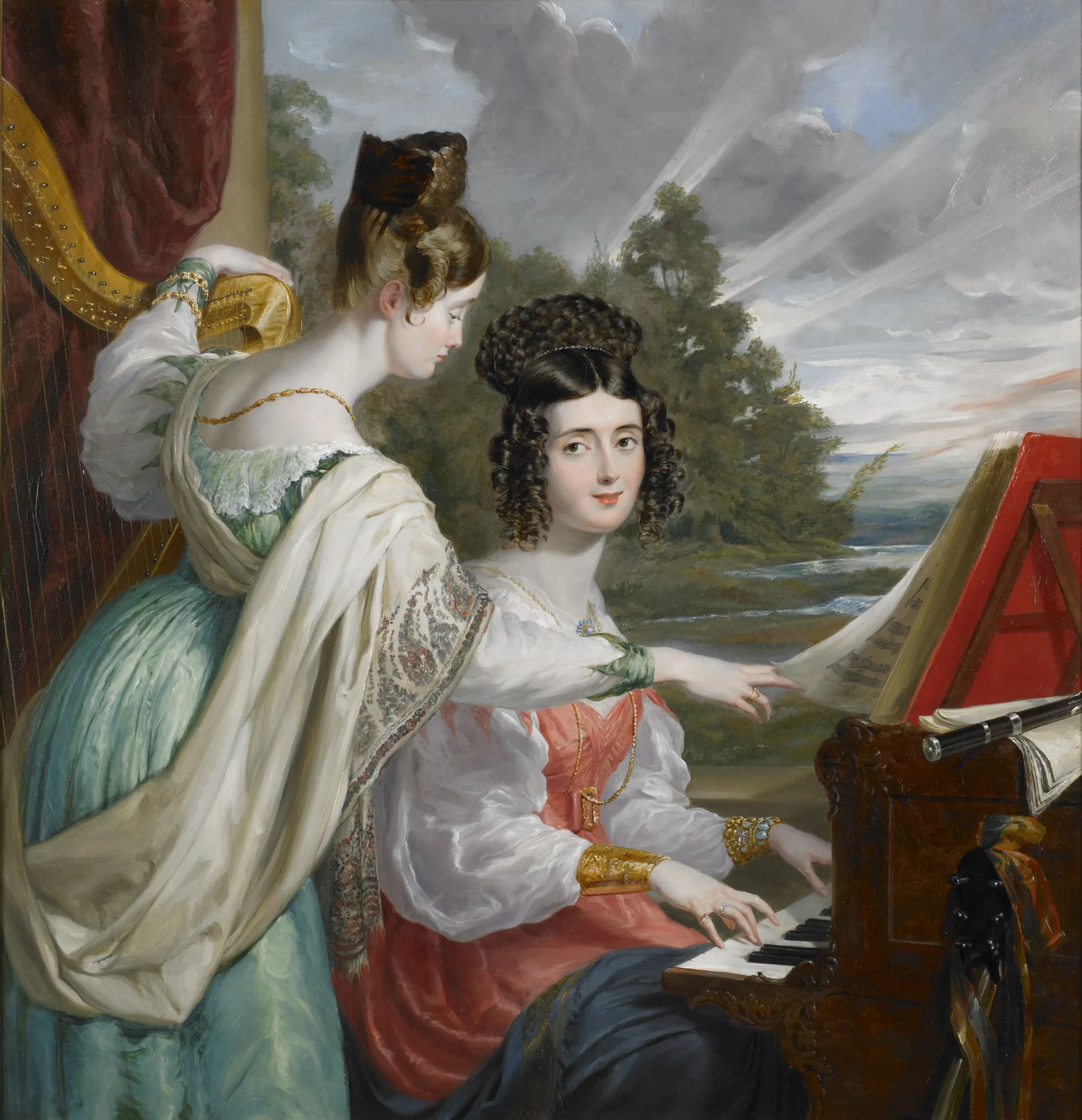 Charlotte and Louisa Stuart Charlotte and Louisa Stuart by George Hayter. Two elegant young women are depicted in a landscape; one sits at a piano while the other stands beside a harp.