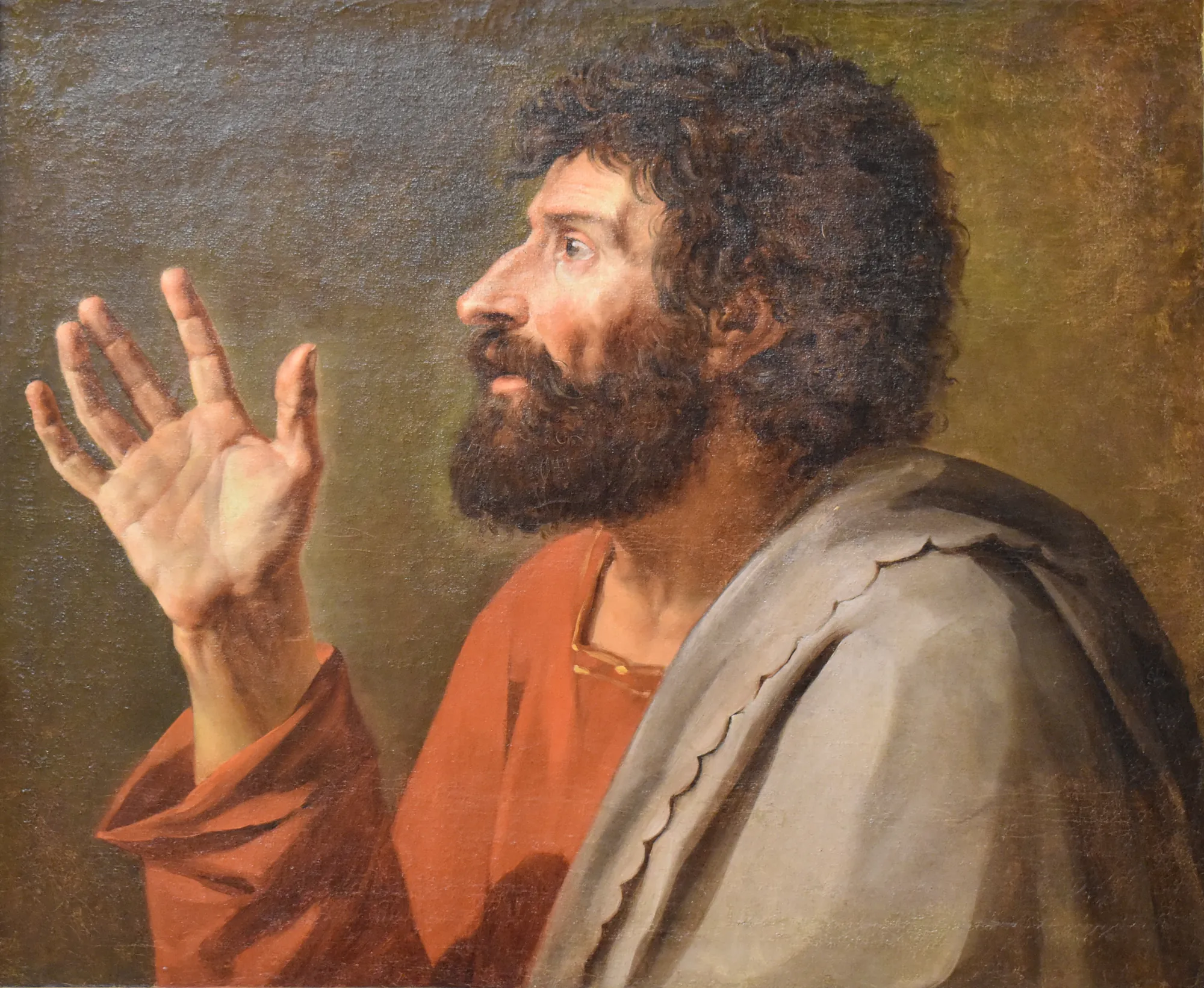 Study for the Elder Horace Study for the Elder Horace by Jacques-Louis David. A profile portrait of a bearded man with a raised hand, wearing a red tunic and grey cloak against a dark background.