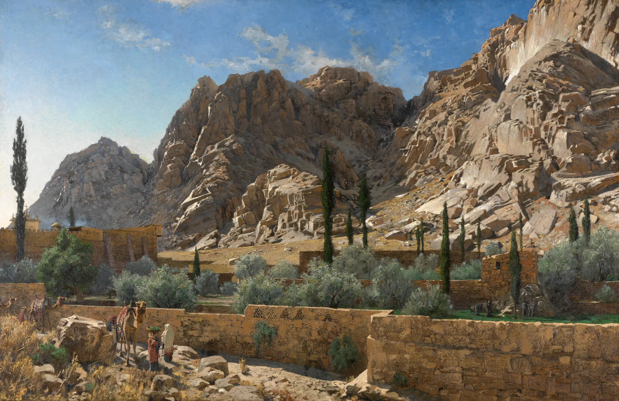 The Saint Catherine Monastery in Sinai The Saint Catherine Monastery in Sinai by Adolf Meckel von Hemsbach. A panoramic oil landscape depicts the fortified walls of Saint Catherine's Monastery nestled at the foot of rugged, sunlit Sinai mountains under a clear blue sky.