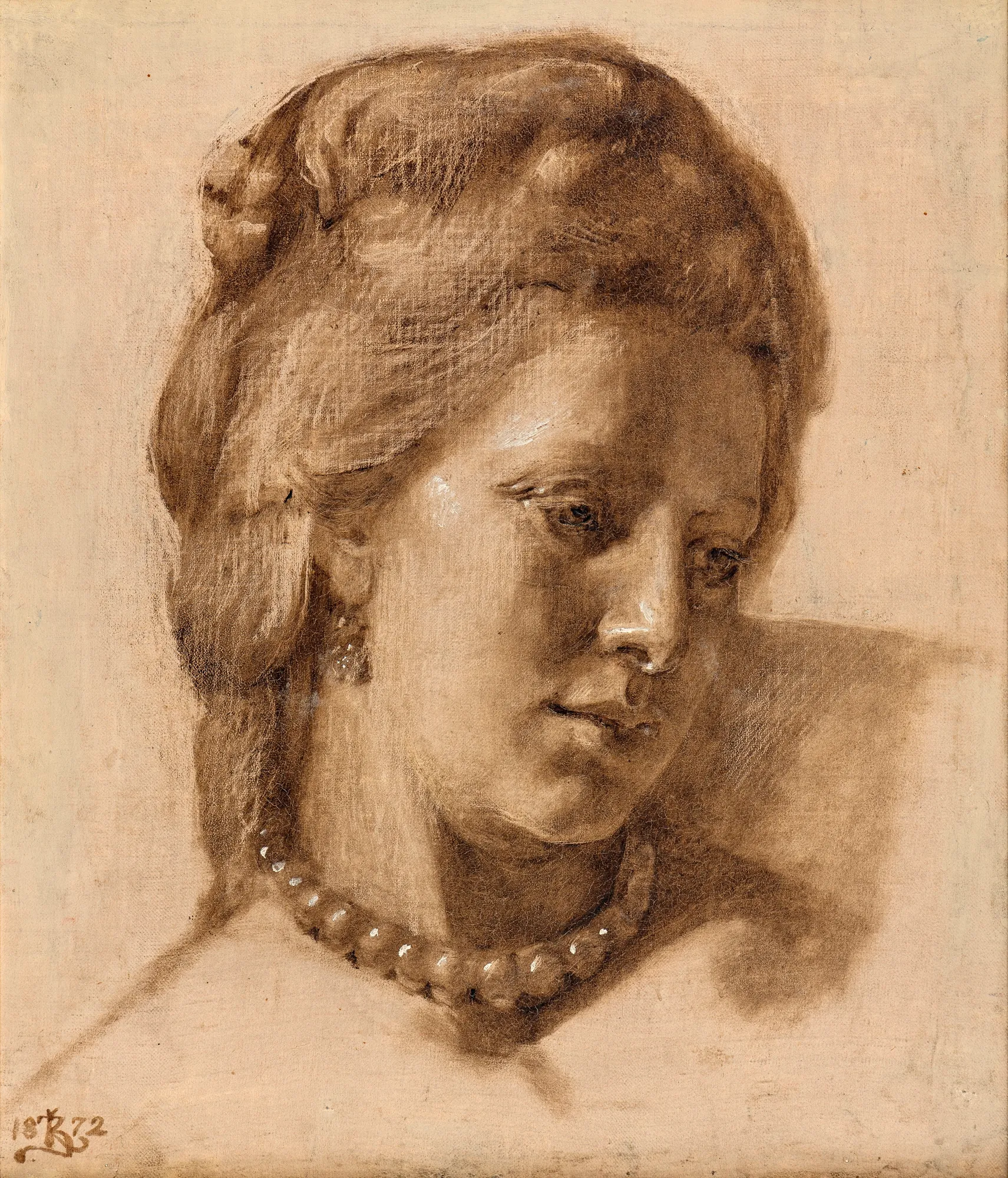 Queen Caroline Mathilde Queen Caroline Mathilde by Kristian Zahrtmann. A monochromatic oil study of a woman with her head tilted downward, wearing a pearl necklace.