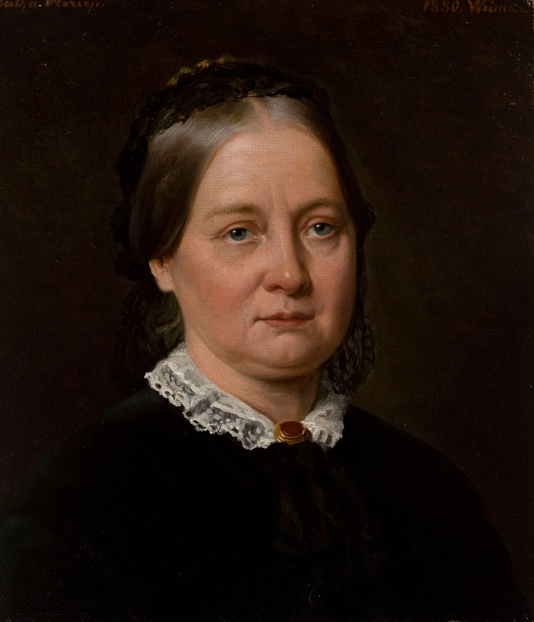 Portrait of Victoria Åberg Portrait of Victoria Åberg by Bertha Froriep. An oil portrait of a mature woman with fair skin and light brown hair, wearing a dark dress with a white lace collar and a red brooch.