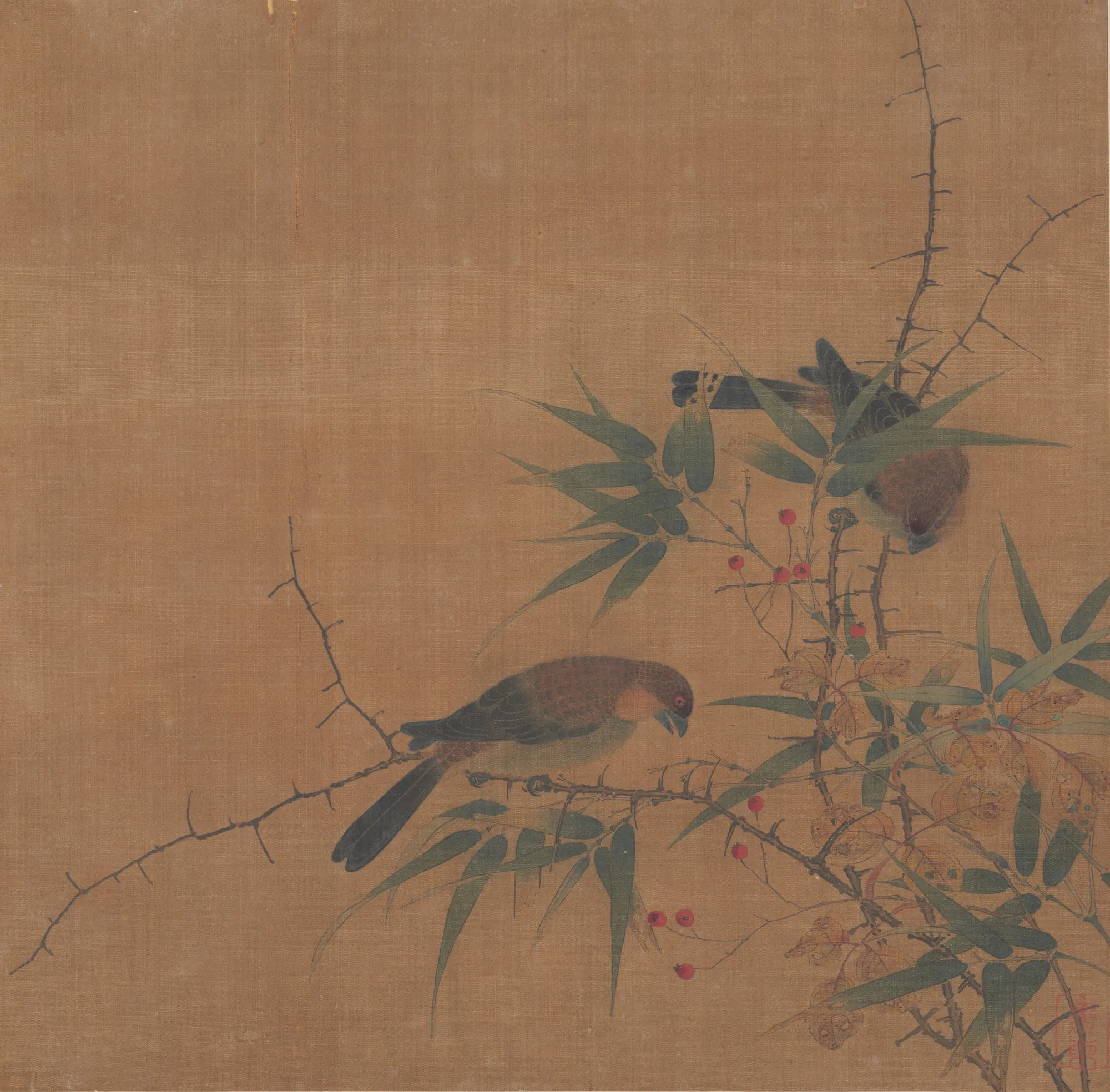Bamboo Branch with Berries and Birds
