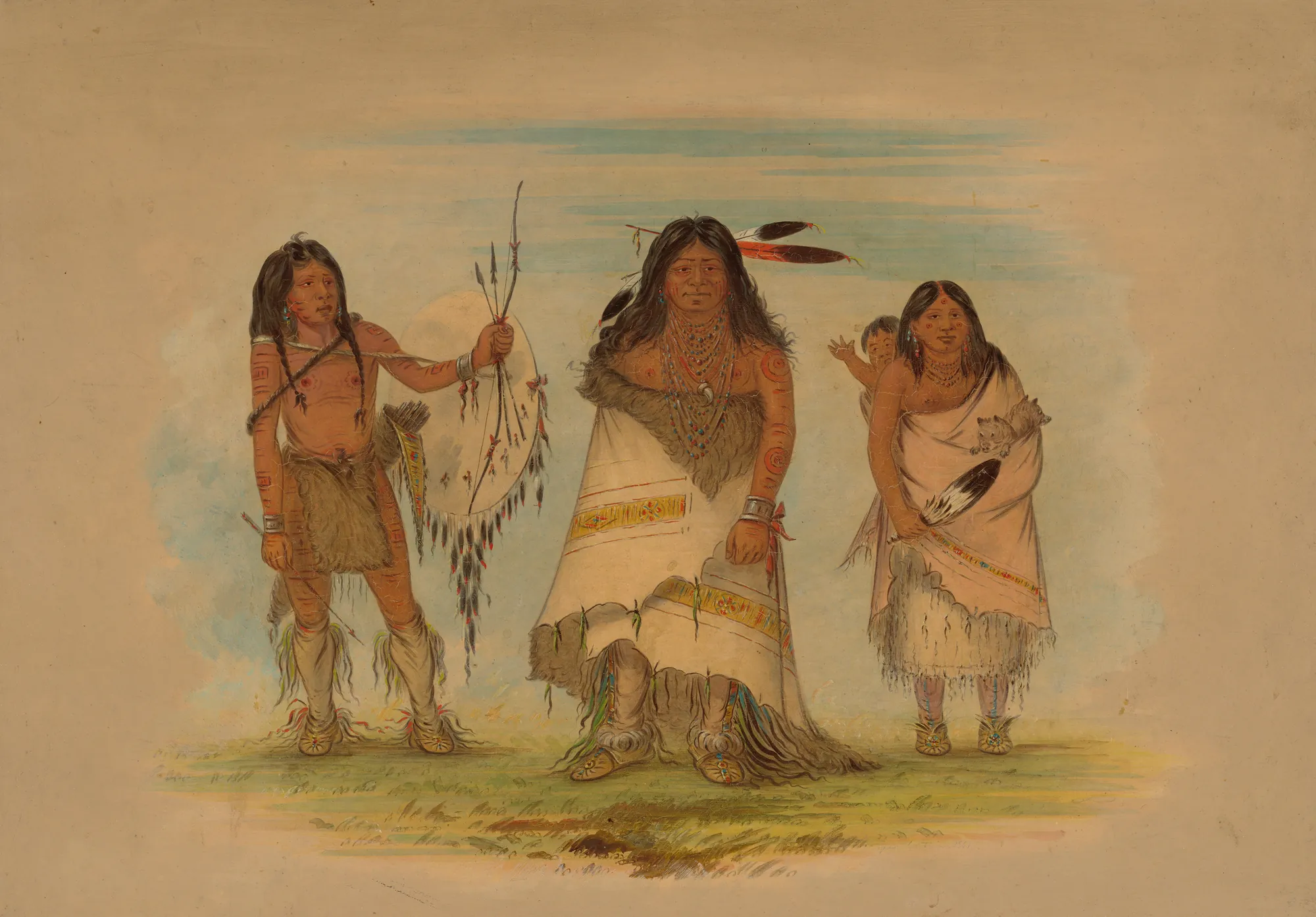 Comanche Chief, His Wife, and a Warrior Comanche Chief, His Wife, and a Warrior by George Catlin. A grouping of three Comanche figures—a warrior with a shield and arrows, a chief in an ornate white robe, and a woman carrying a child—standing against a pale, atmospheric landscape.