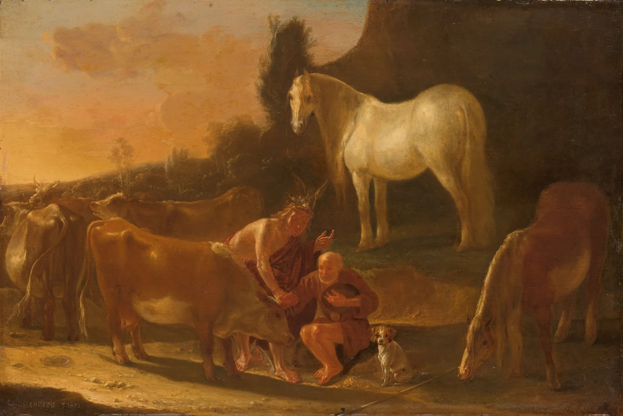 Mercury and Io Mercury and Io by Willem Ossenbeeck. A large white horse stands prominently alongside cattle and seated figures in a warm, golden-lit pastoral landscape.