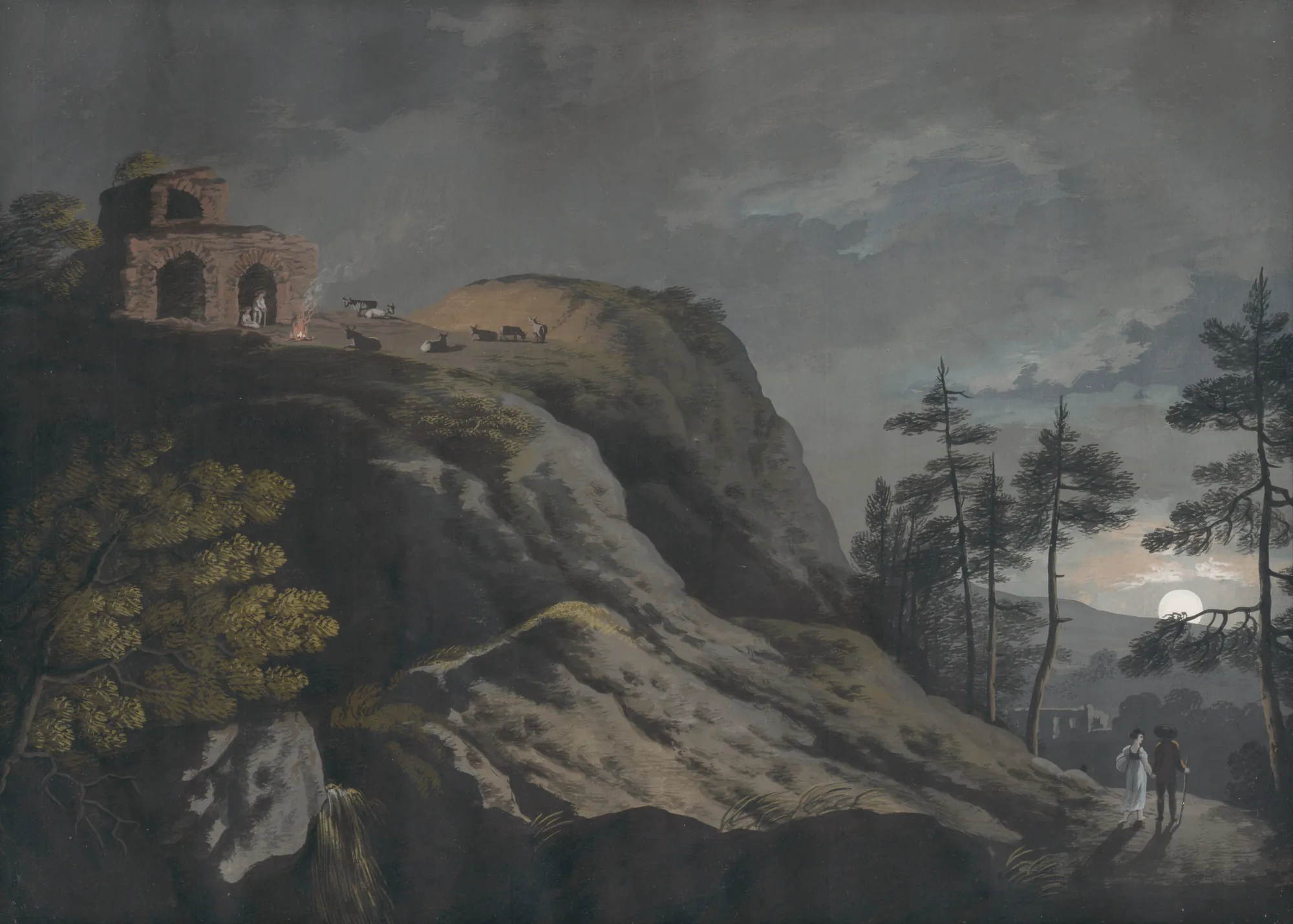 Romantic Landscape with Ruins and Shepherds by Moonlight