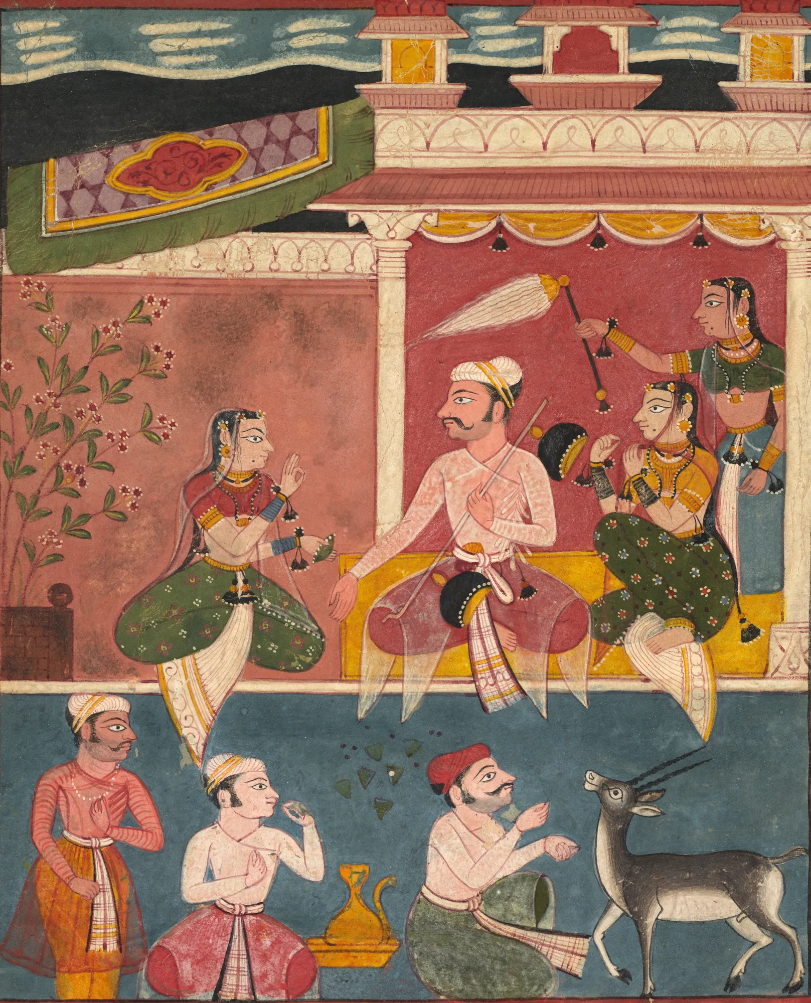 Malkaus Raga, from Ragamala Malkaus Raga, from Ragamala by Unknown Artist. A vibrant 17th-century Indian miniature painting depicting a noble figure seated in a pavilion surrounded by attendants, with musicians and a deer in the foreground.