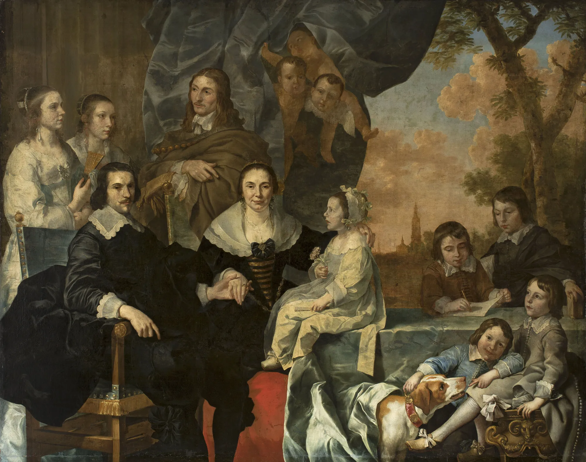 Self-Portrait with Family Self-Portrait with Family by Nicolaes de Helt Stockade. A large multi-figure group portrait of a family with several children and a dog, set in a grand interior with a glimpse of a landscape.