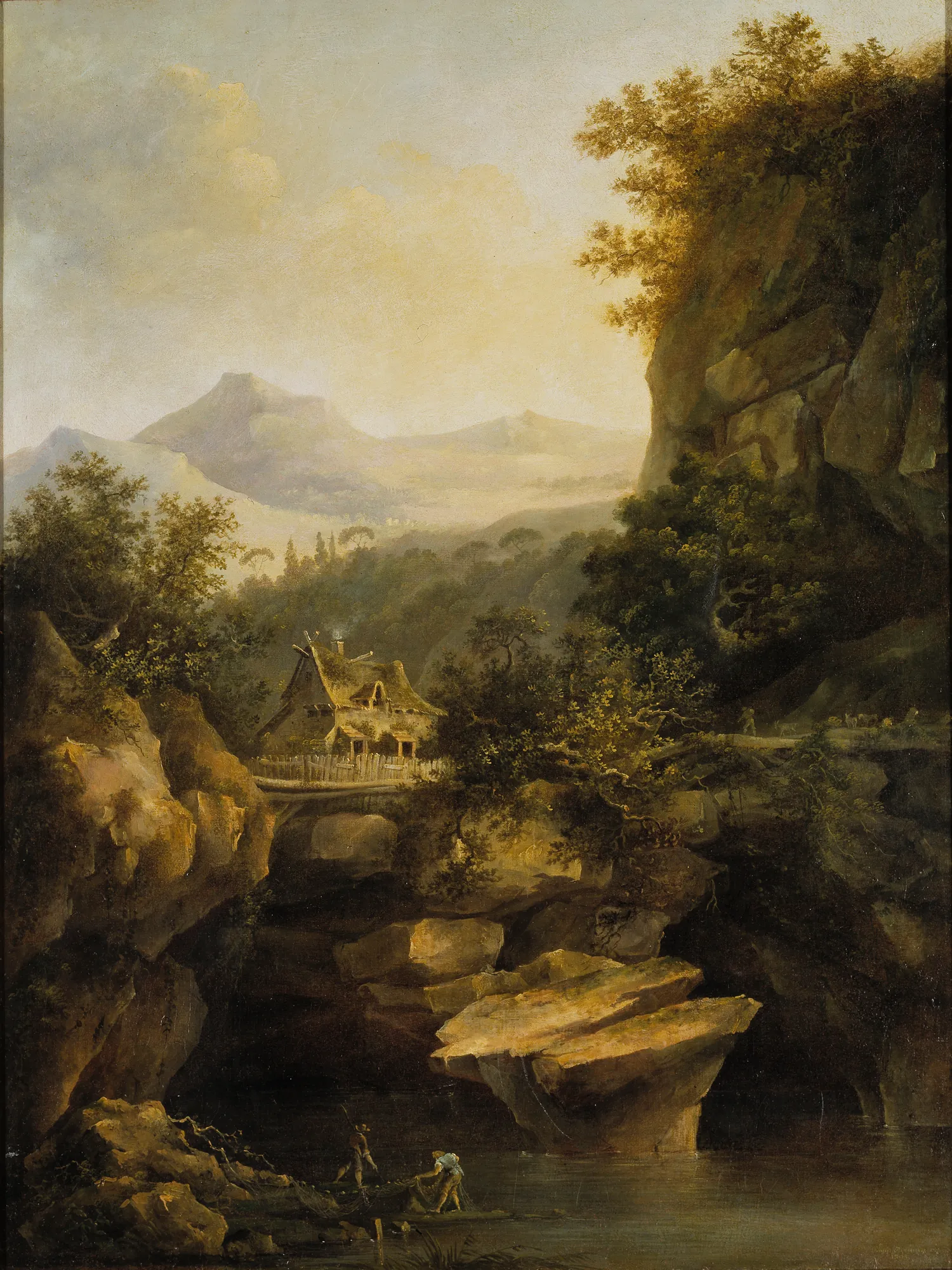 Mountainous Landscape with a Farm Mountainous Landscape with a Farm by Louis Belanger. A rugged mountain landscape featuring a small cottage perched on rocks above a body of water, bathed in a warm, golden atmospheric light.