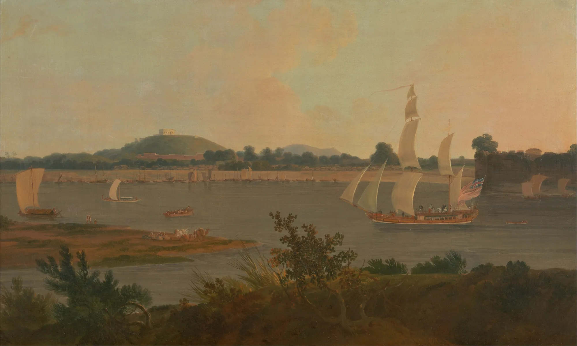 Pinnace Sailing Down the Ganges Past Monghyr Fort