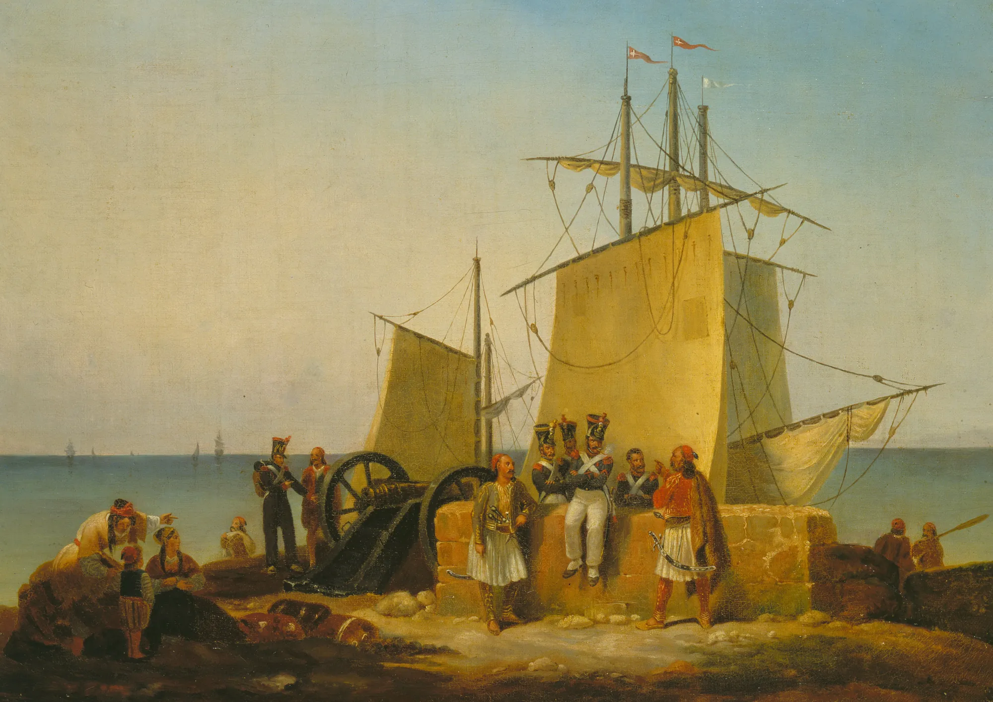 The French Mission to the Morea The French Mission to the Morea by Noël-Dieudonné Finart. A group of French soldiers and Greek men in traditional dress are gathered on a shore near a cannon and a sailing ship.