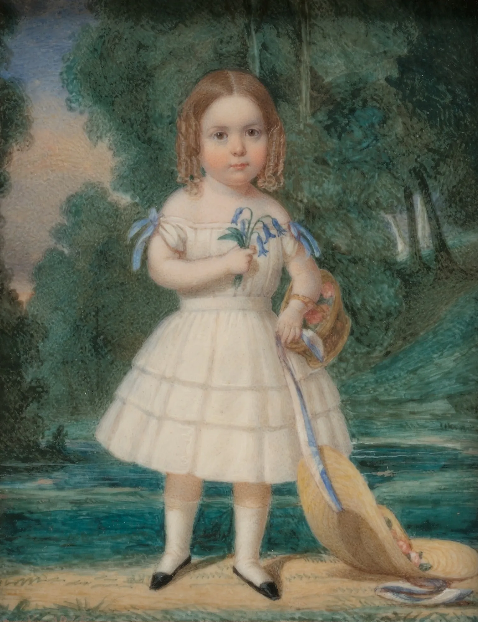 Florine Turner Florine Turner by John Carlin. A 19th-century miniature portrait of a young girl in a white dress holding wildflowers by a river.