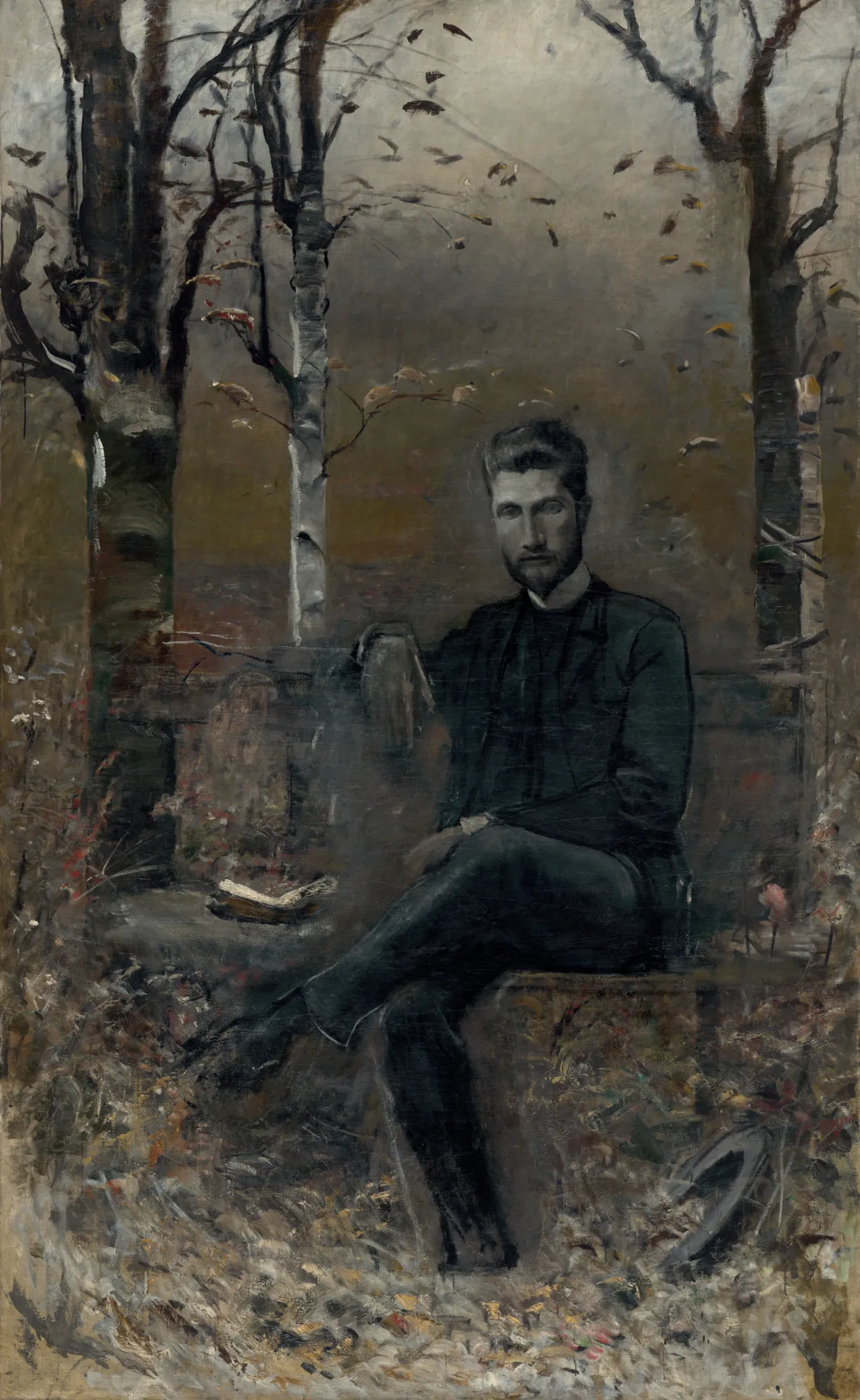 Zsigmond Justh in the Park Zsigmond Justh in the Park by László Mednyánszky. A bearded man in formal dark attire sits on a wooden bench in a forest of birch trees with scattered autumn leaves.