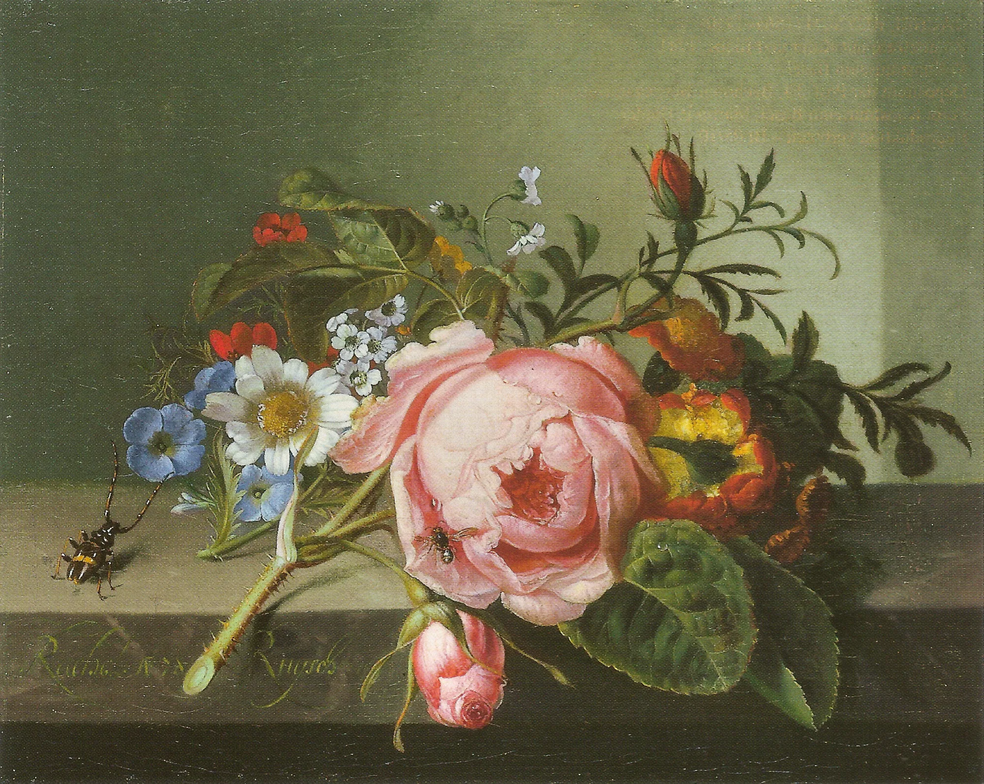 Spray of Flowers with a Beetle on a Stone Balustrade