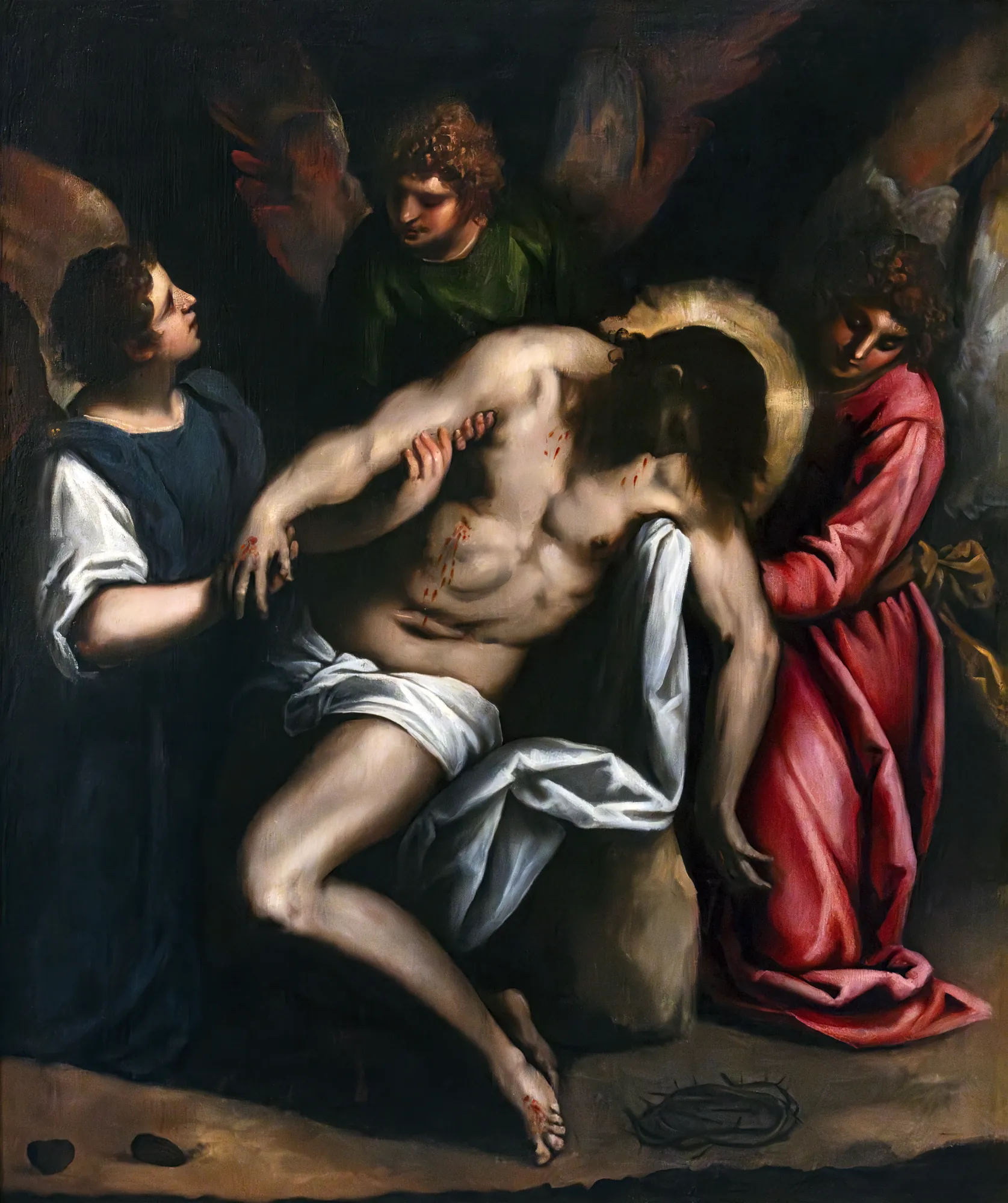 Dead Christ Supported by Three Angels Dead Christ Supported by Three Angels by Palma il Giovane. A dramatic chiaroscuro painting depicting the deceased Christ being tenderly supported by three angels against a dark, atmospheric background.