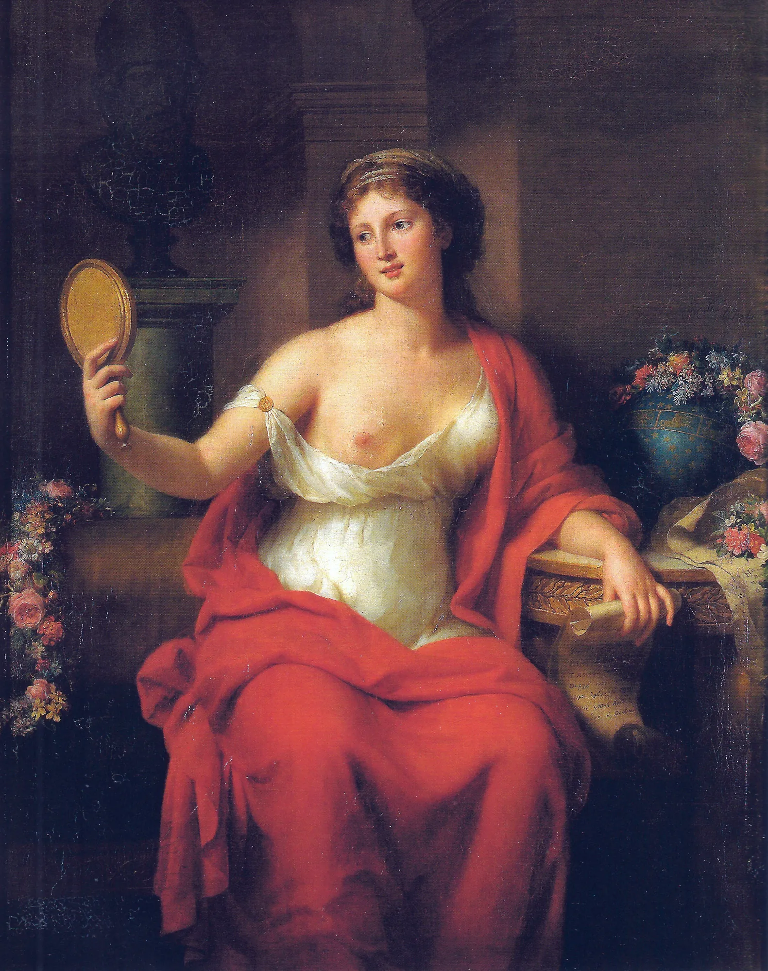 Self-Portrait as Aspasia Self-Portrait as Aspasia by Marie-Geneviève Bouliard. A woman in a vibrant red cloak and white chemise holds a hand mirror while seated near a marble bust and floral arrangement.