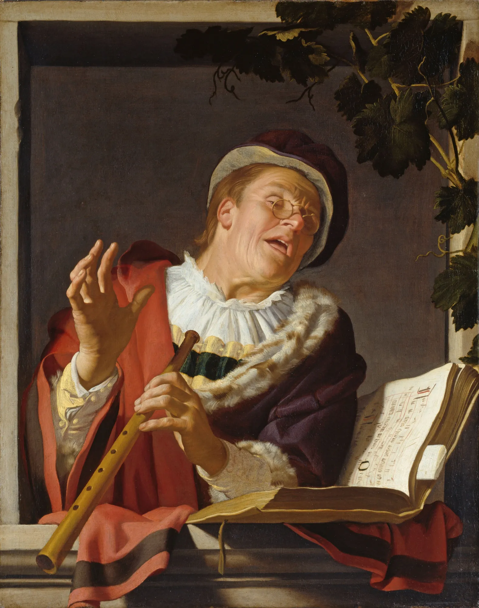 The Singing Flute Player The Singing Flute Player by Gerard van Honthorst. A man in a plumed hat and colorful cloak sings while holding a flute and leaning over an open music book on a stone ledge.