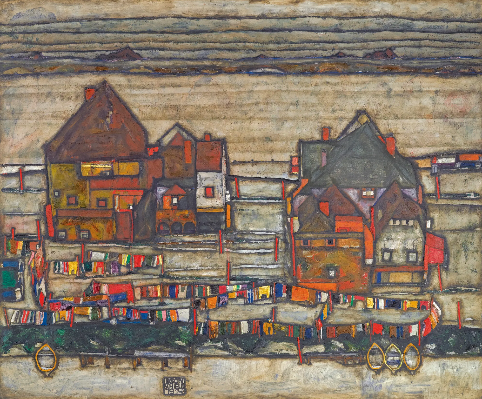 Houses with Laundry (Suburb II) Houses with Laundry (Suburb II) by Egon Schiele. A group of stylized, multi-story houses sits behind horizontal lines of brightly colored laundry drying in an atmospheric, textured landscape.