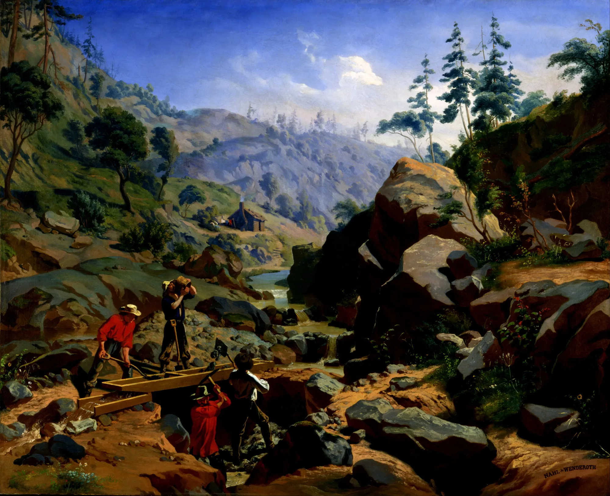 Miners in the Sierras Miners in the Sierras by Charles Christian Nahl. Four miners are depicted working a sluice box in a rugged, rocky mountain stream bed with a cabin in the distant valley.