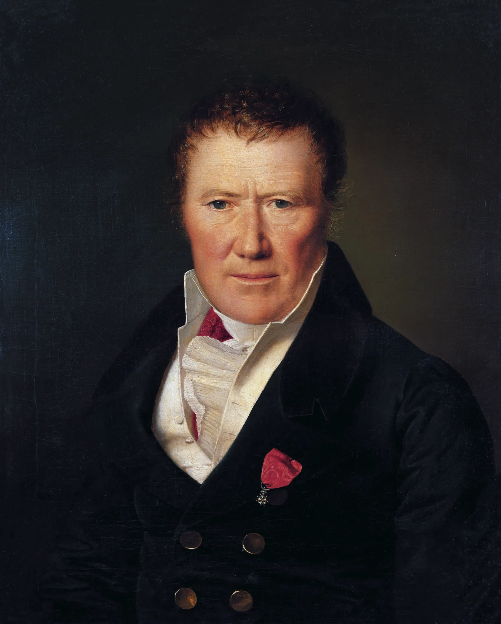 Charles de Moreau Charles de Moreau by Ferdinand Georg Waldmüller. A formal oil portrait of a man with short brown hair, wearing a dark velvet coat with a white cravat and a red decoration.