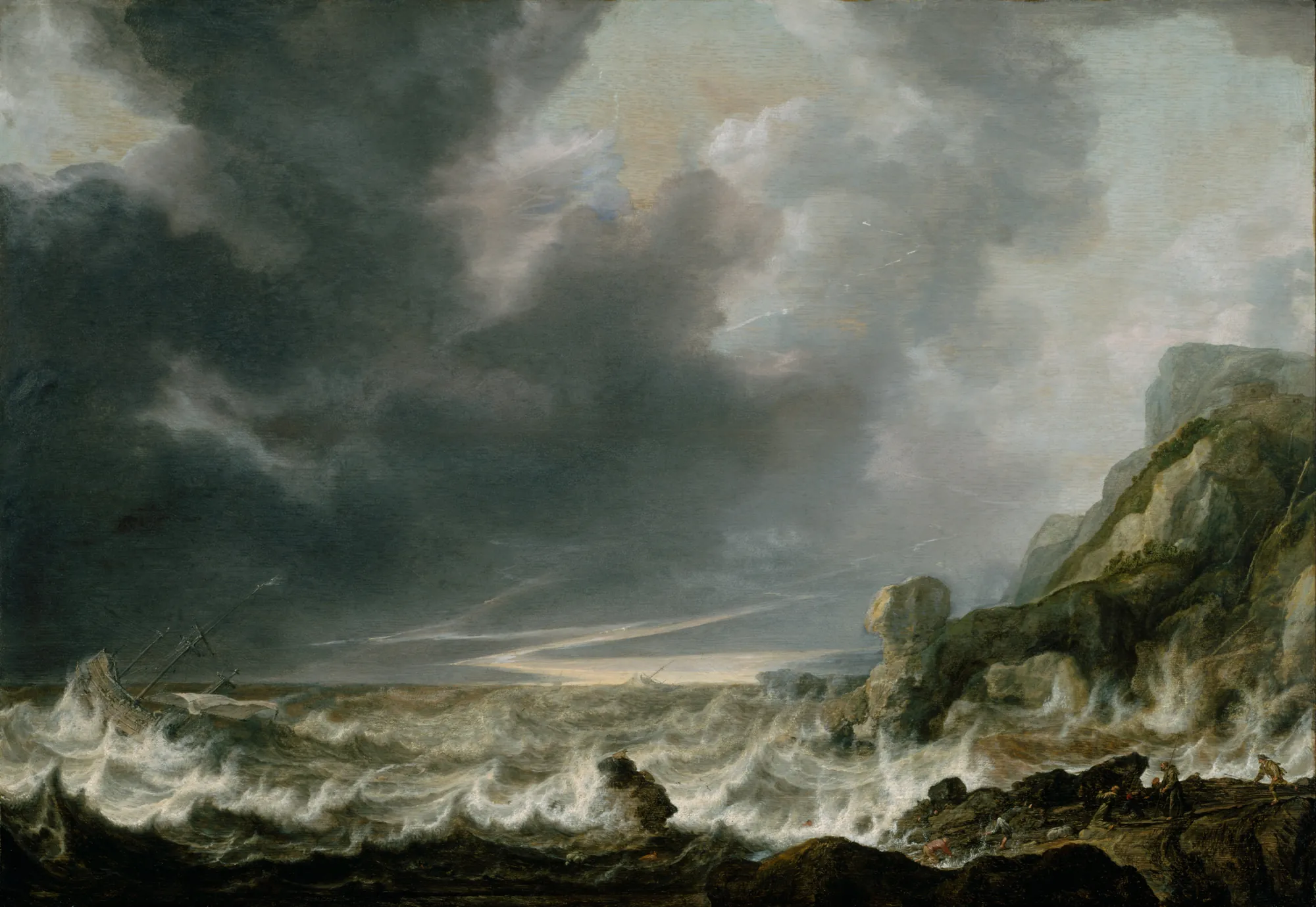 Ship in Distress off a Rocky Coast Ship in Distress off a Rocky Coast by Simon de Vlieger. A sailing vessel struggles in turbulent, white-capped waves beneath a heavy, dark storm sky near a jagged, rocky shoreline.
