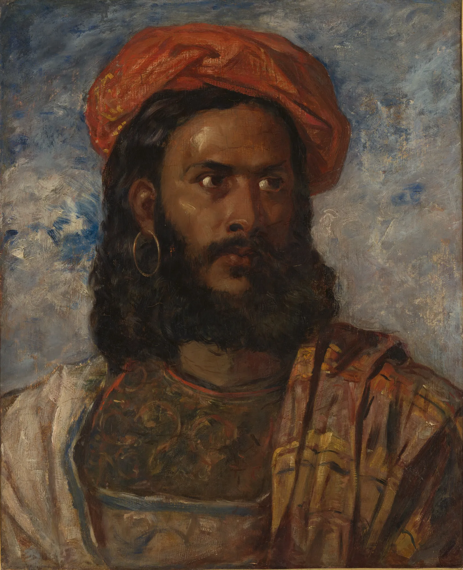 Study of a Man in Moorish Costume Study of a Man in Moorish Costume by William James Müller. A bust-length portrait of a bearded man wearing a vibrant red turban and ornate clothing against a textured blue and grey background.