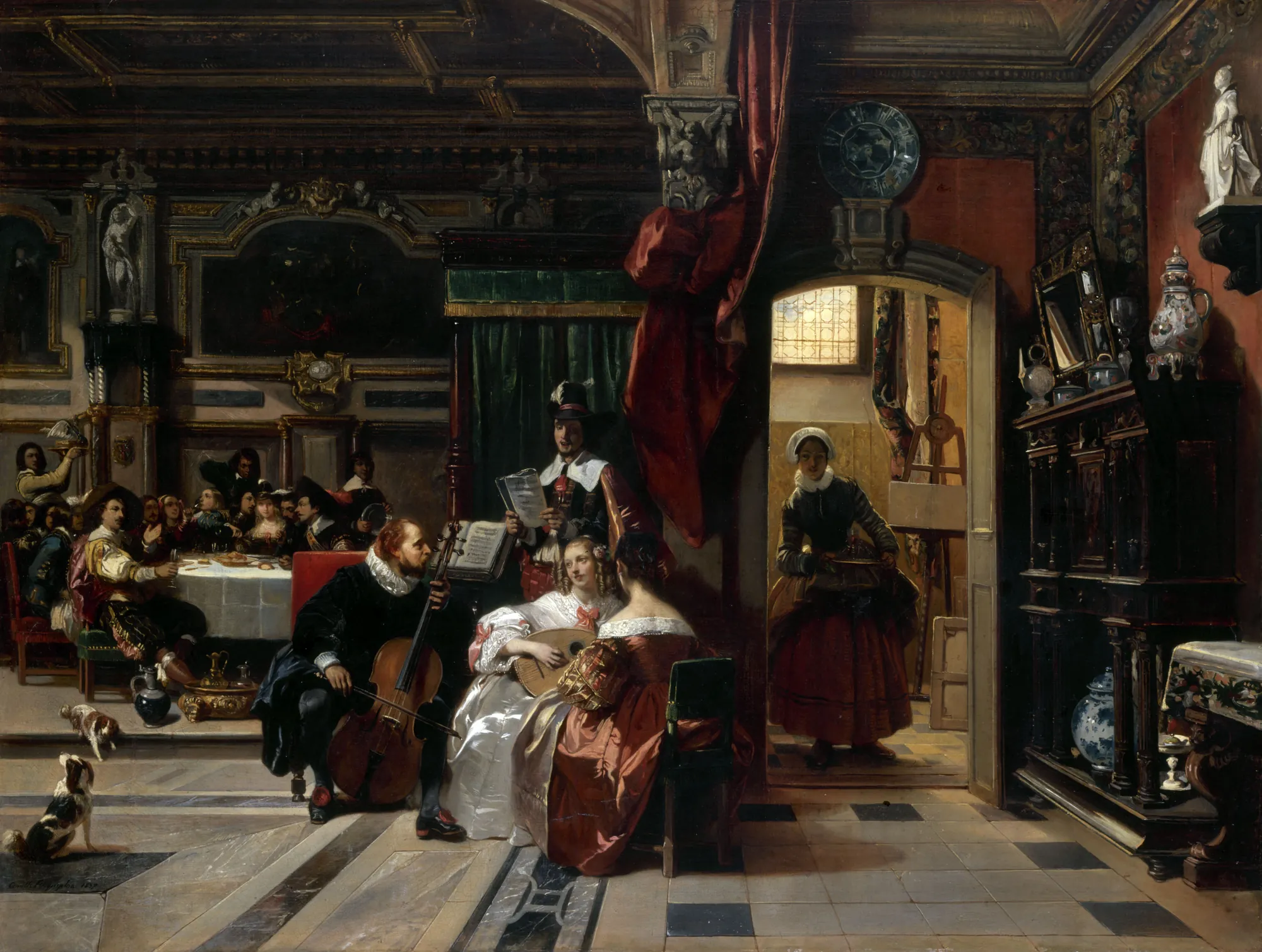 Van Dyck in London Van Dyck in London by Camille Roqueplan. A group of elegantly dressed people perform music in a grand, ornate interior while a banquet takes place in the background.