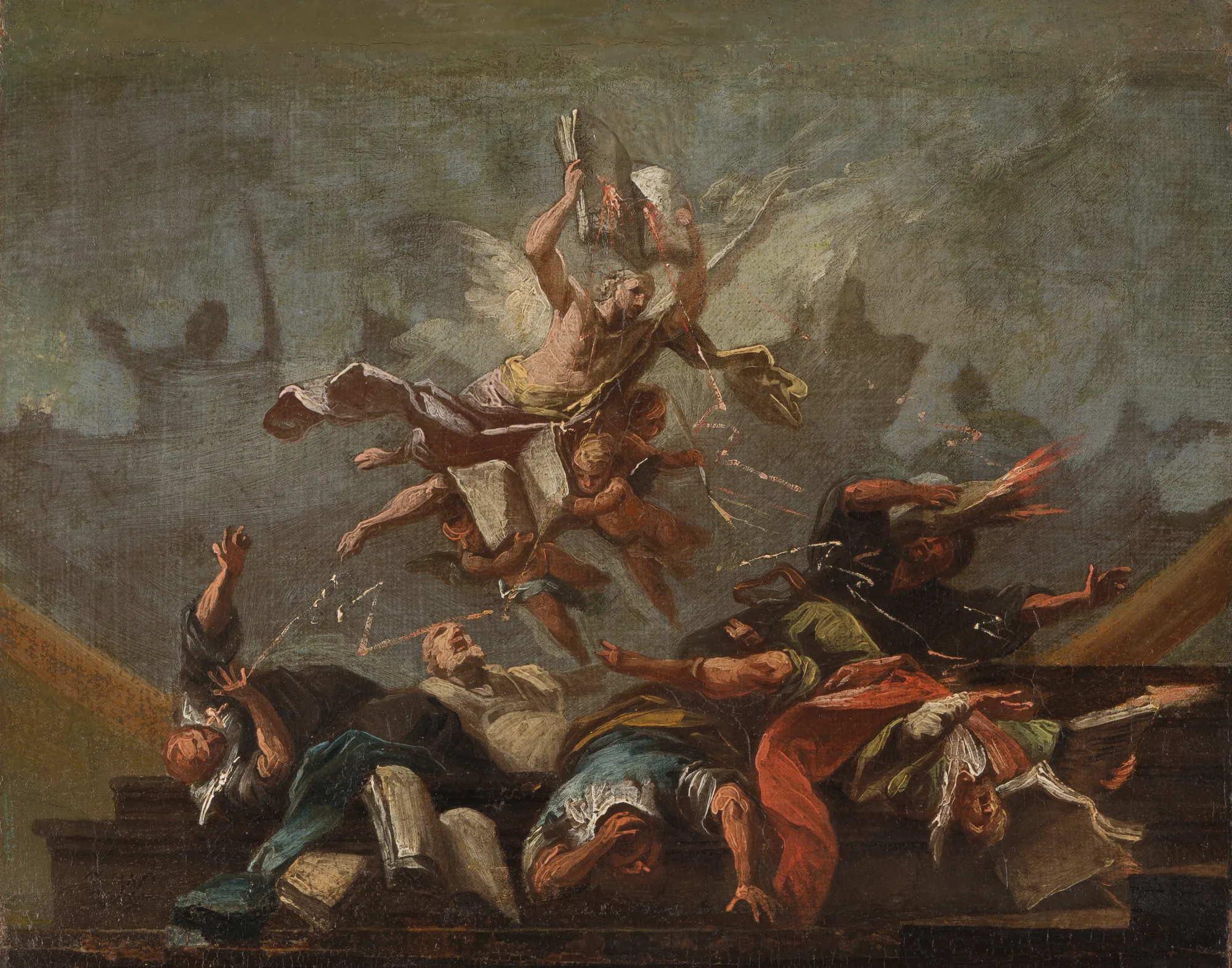Truth Defeating the Heretical Doctrines Truth Defeating the Heretical Doctrines by Christian Winck. A winged figure brandishing a book descends from the clouds, casting down several figures who tumble over stone steps in a dramatic allegorical scene.