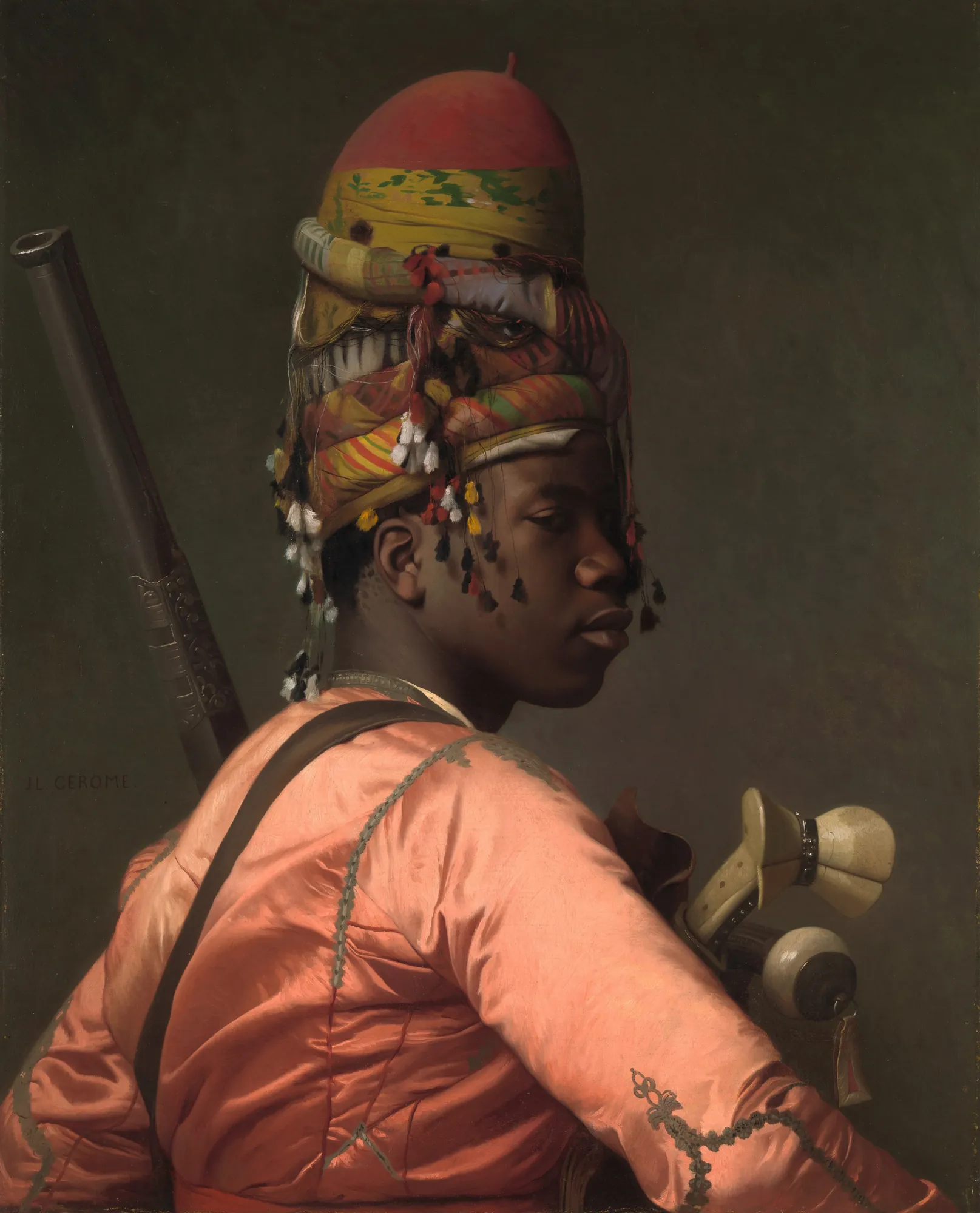 Bashi-Bazouk Bashi-Bazouk by Jean-Léon Gérôme. A detailed profile portrait of an African soldier in an ornate turban and a bright pink silk robe, carrying weapons on his back.