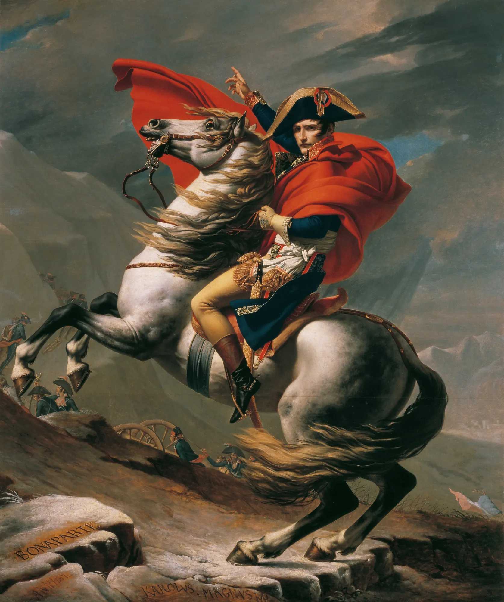 Napoleon Crossing the Alps Napoleon Crossing the Alps by Jacques-Louis David. Napoleon Bonaparte is depicted on a rearing white horse against a backdrop of the rugged Alps, wearing a bicorne hat and a flowing red cloak.