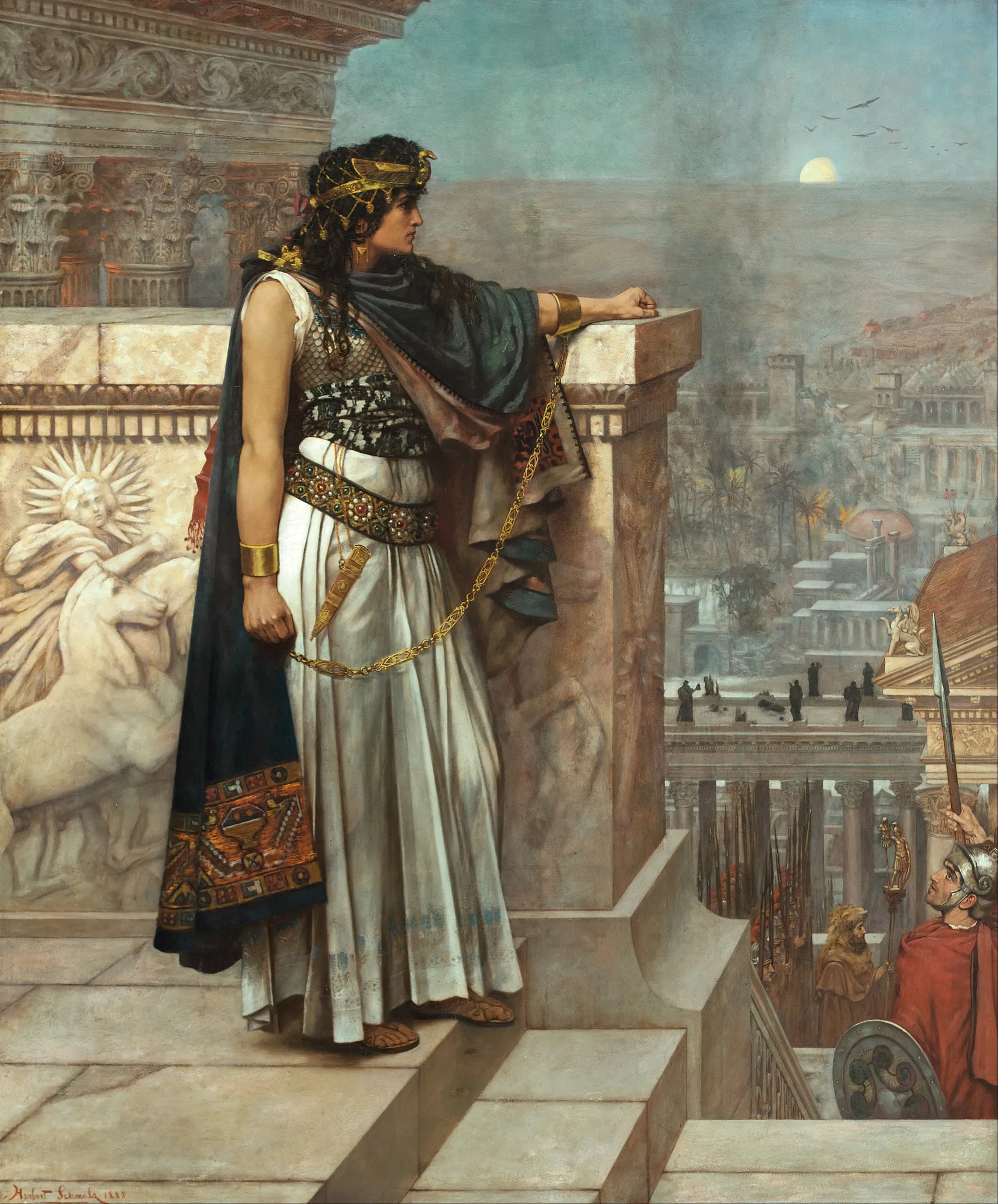 Zenobia's Last Look on Palmyra Zenobia's Last Look on Palmyra by Herbert Gustave Schmalz. A regal woman in white and dark blue classical robes stands on a stone balcony, looking back at a hazy, distant city under a pale sun.