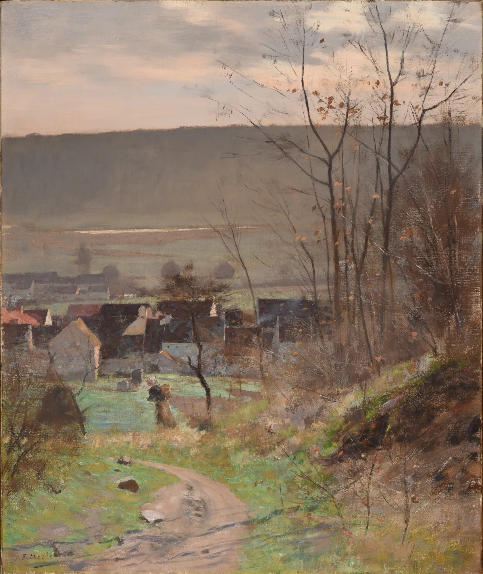 Late Winter Morning (Matinée de fin d'hiver) Late Winter Morning (Matinée de fin d'hiver) by Joseph Paul Mesle. A solitary figure walks on a downward path overlooking a clusters of houses at the foot of a large, hazy ridge.