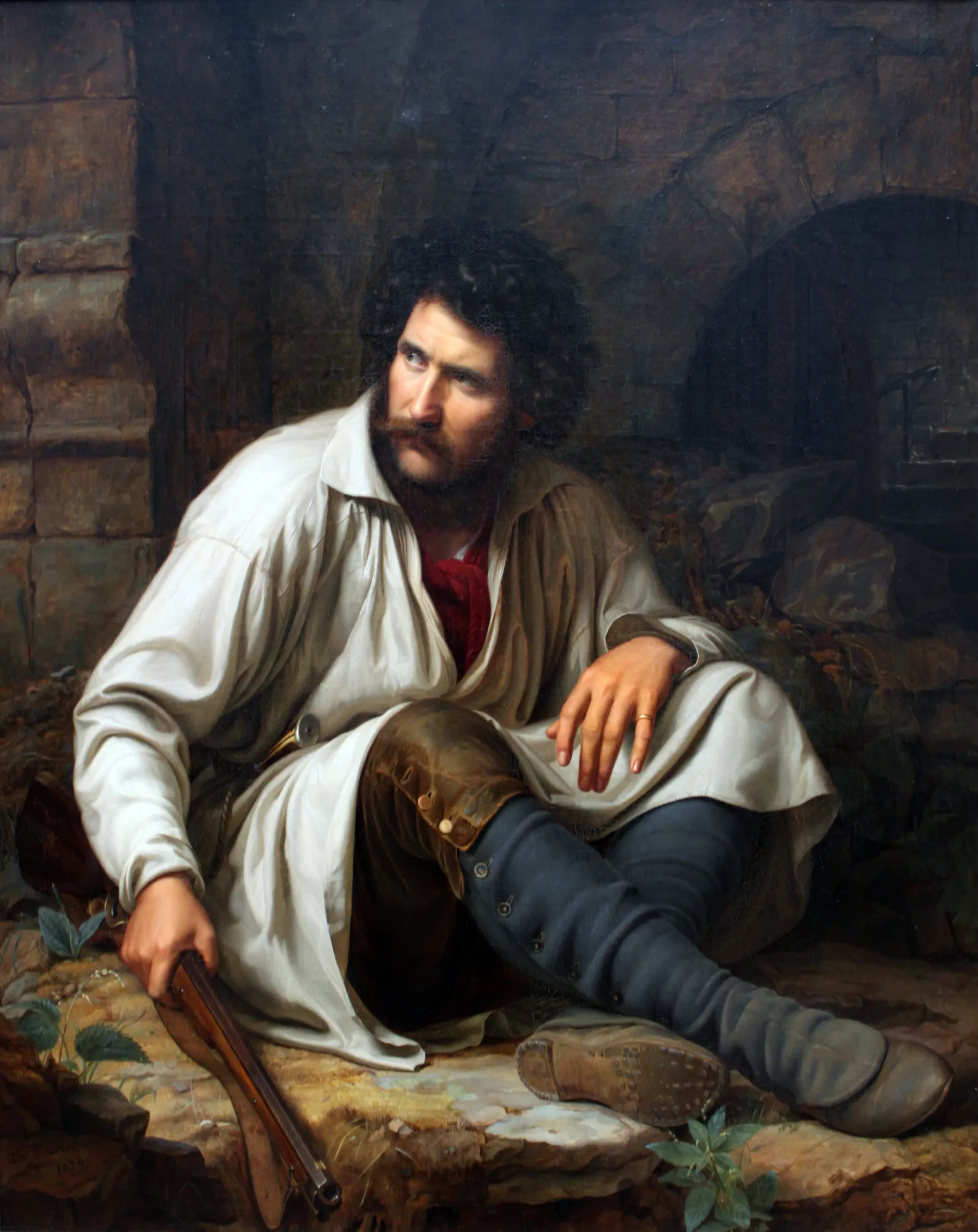 The Robber The Robber by Theodor Hildebrandt. A bearded man in 19th-century attire sits on a rocky ground within a stone arched interior, clutching a rifle and looking off to the side with a wary expression.
