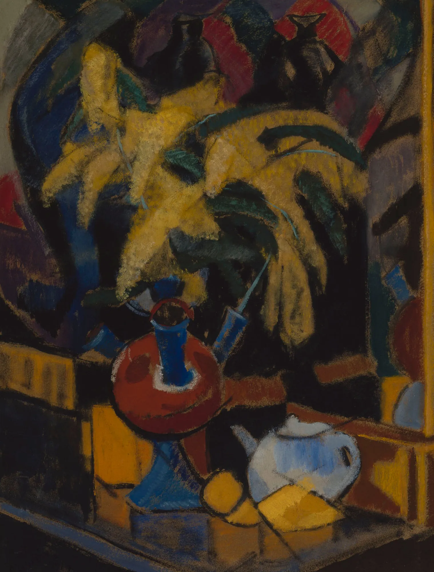 Mimosa Mimosa by Alvar Cawén. An expressionist still life featuring bright yellow mimosa flowers in a vase alongside a blue teapot and other objects on a table.